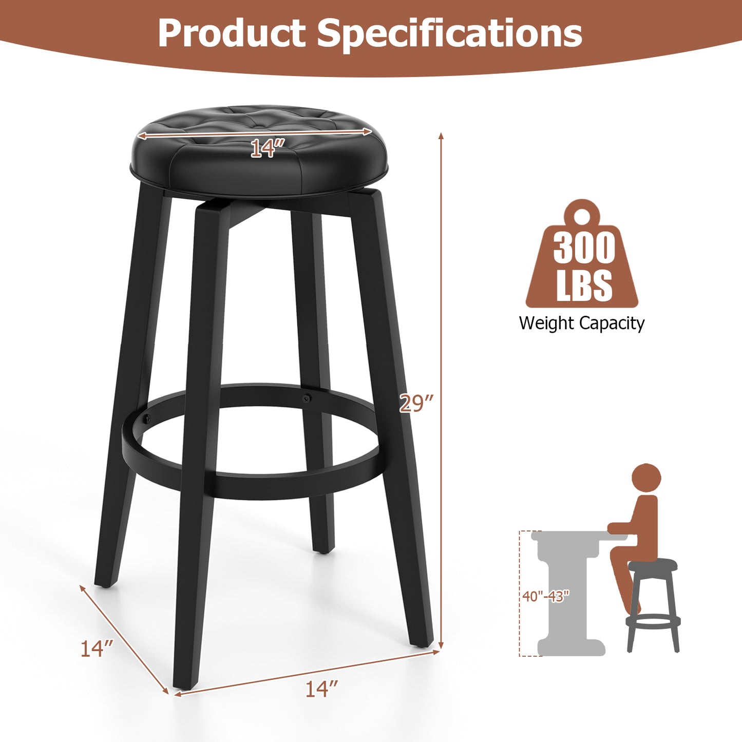 Swivel Upholstered Bar Chairs Set of 2 with Footrest and Solid Rubberwood Frame in Black, 29 Inch