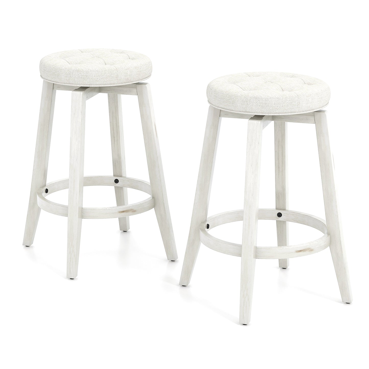 Swivel Upholstered Bar Chairs Set of 2 with Footrest and Solid Rubberwood Frame in White, 24 Inch