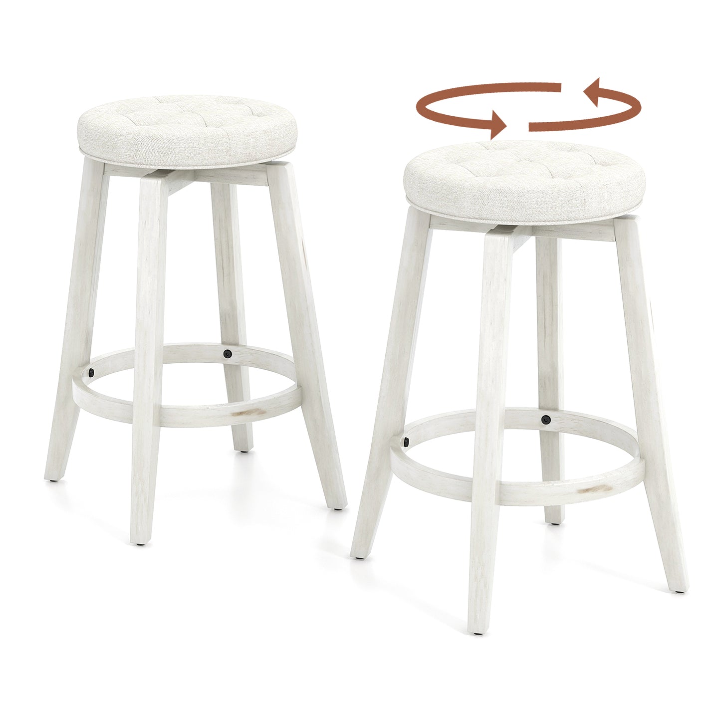 Swivel Upholstered Bar Chairs Set of 2 with Footrest and Solid Rubberwood Frame in White, 24 Inch