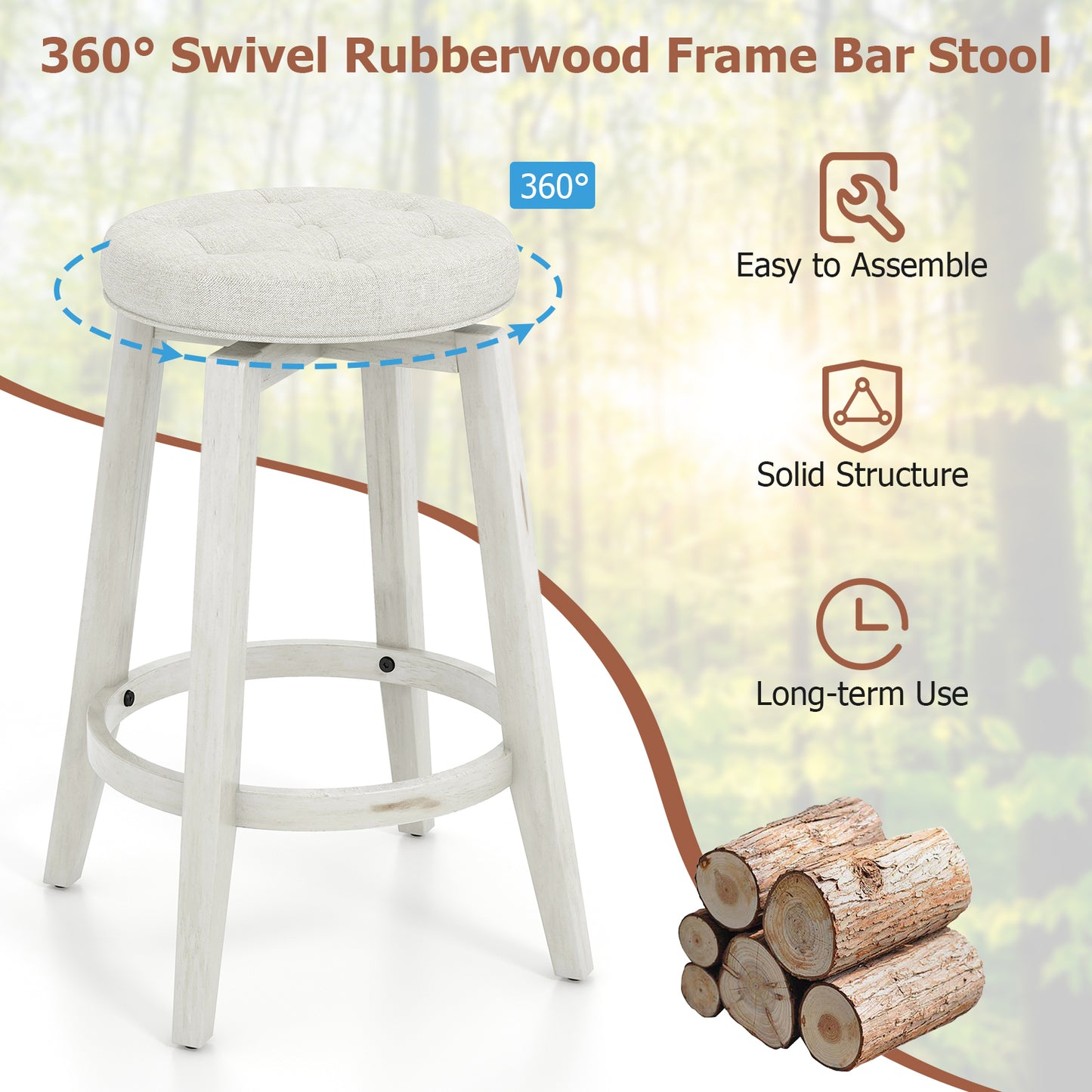 Swivel Upholstered Bar Chairs Set of 2 with Footrest and Solid Rubberwood Frame in White, 24 Inch