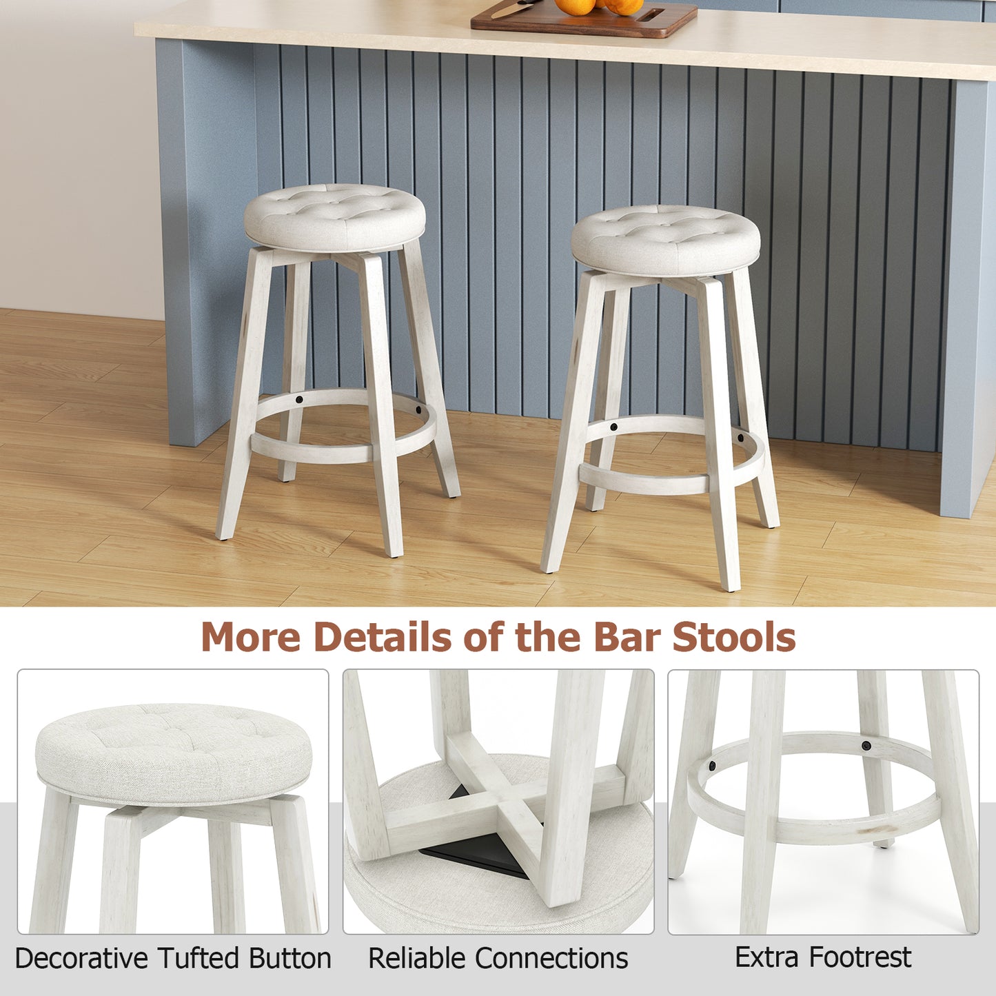 Swivel Upholstered Bar Chairs Set of 2 with Footrest and Solid Rubberwood Frame in White, 24 Inch