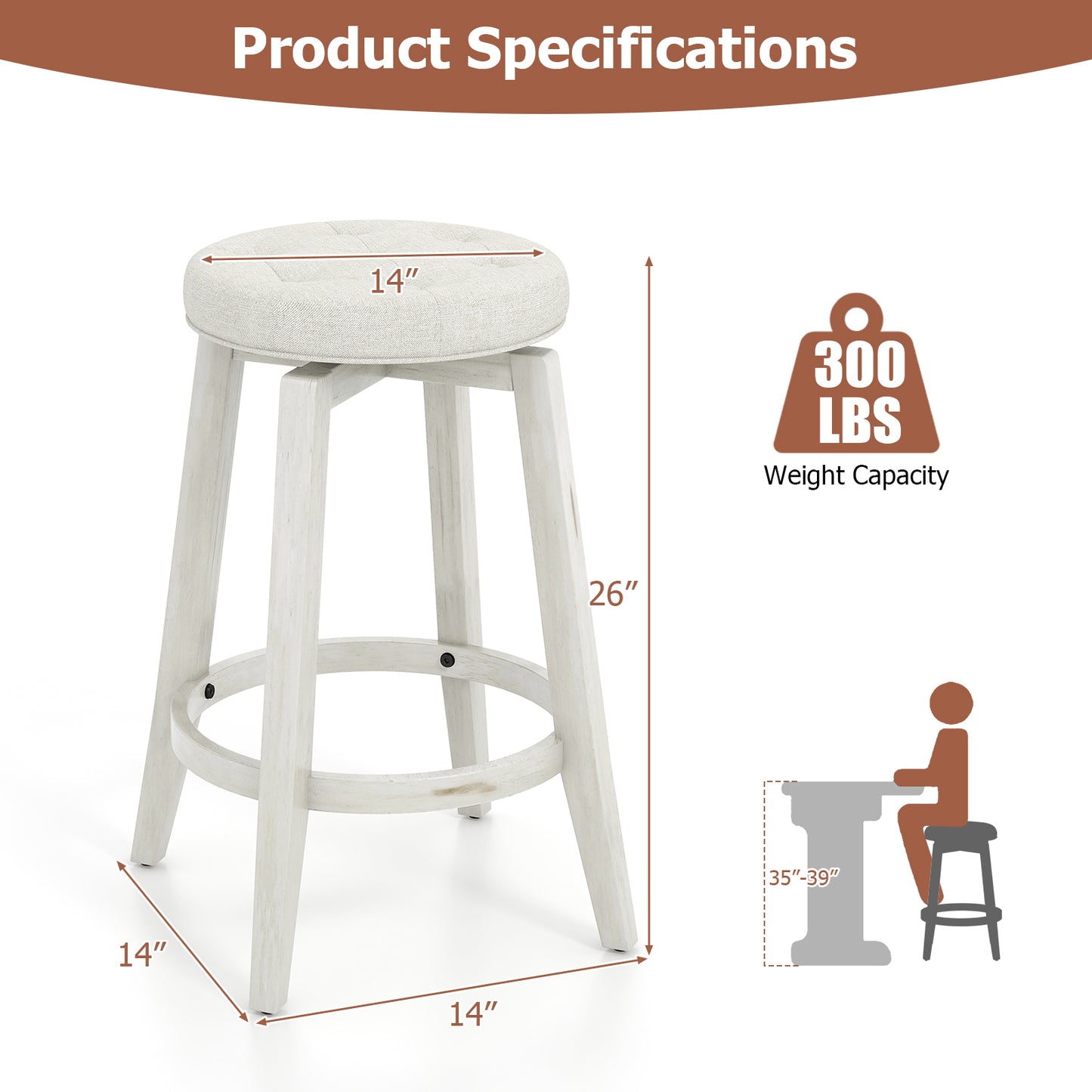 Swivel Upholstered Bar Chairs Set of 2 with Footrest and Solid Rubberwood Frame in White, 24 Inch