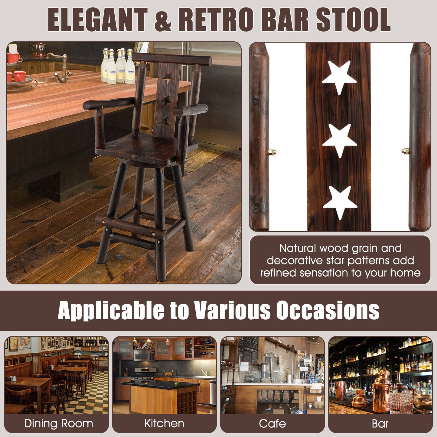 360° Swivel 29 Inch Wooden Bar Stool with Ergonomic Backrest Armrests and Footrest