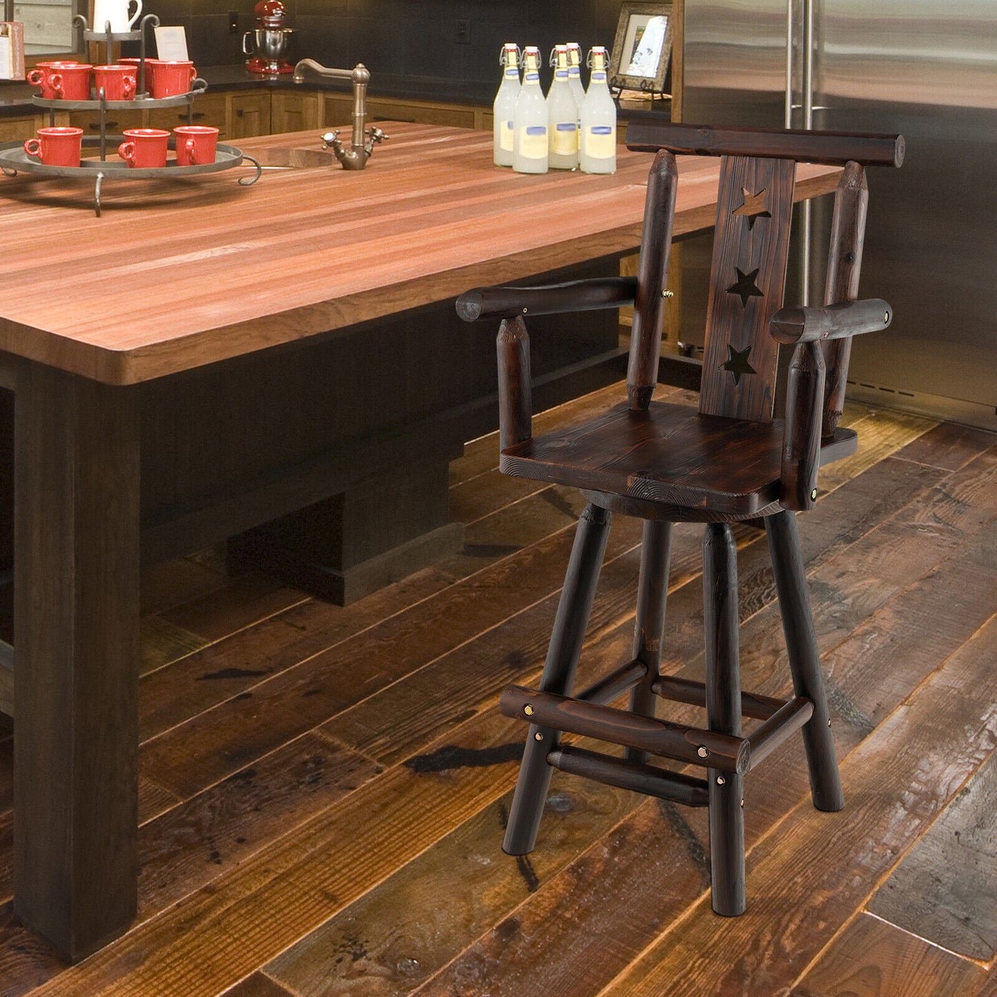 360° Swivel 29 Inch Wooden Bar Stool with Ergonomic Backrest Armrests and Footrest