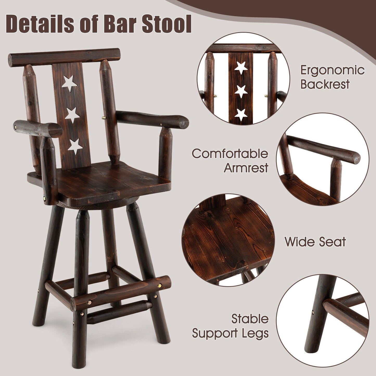 360° Swivel 29 Inch Wooden Bar Stool with Ergonomic Backrest Armrests and Footrest
