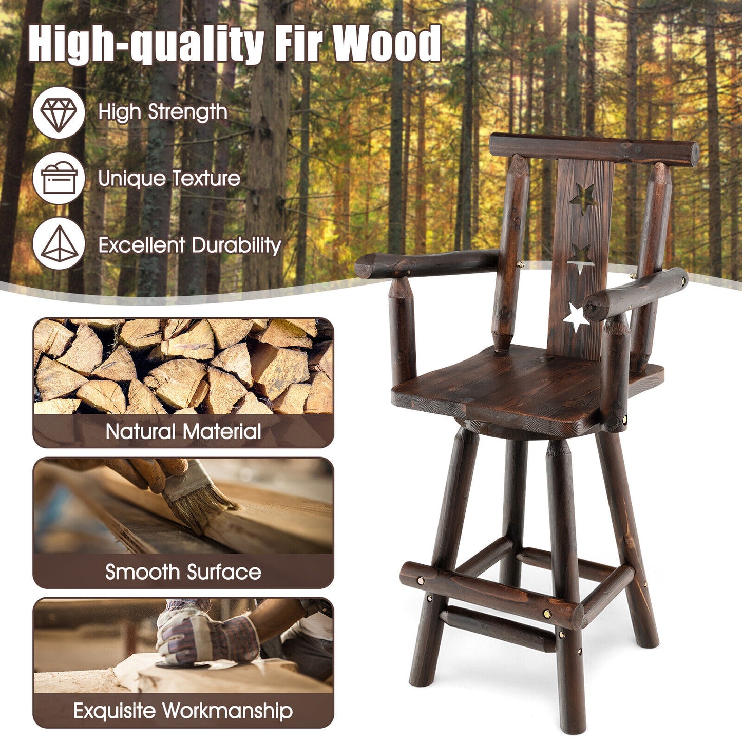 360° Swivel 29 Inch Wooden Bar Stool with Ergonomic Backrest Armrests and Footrest