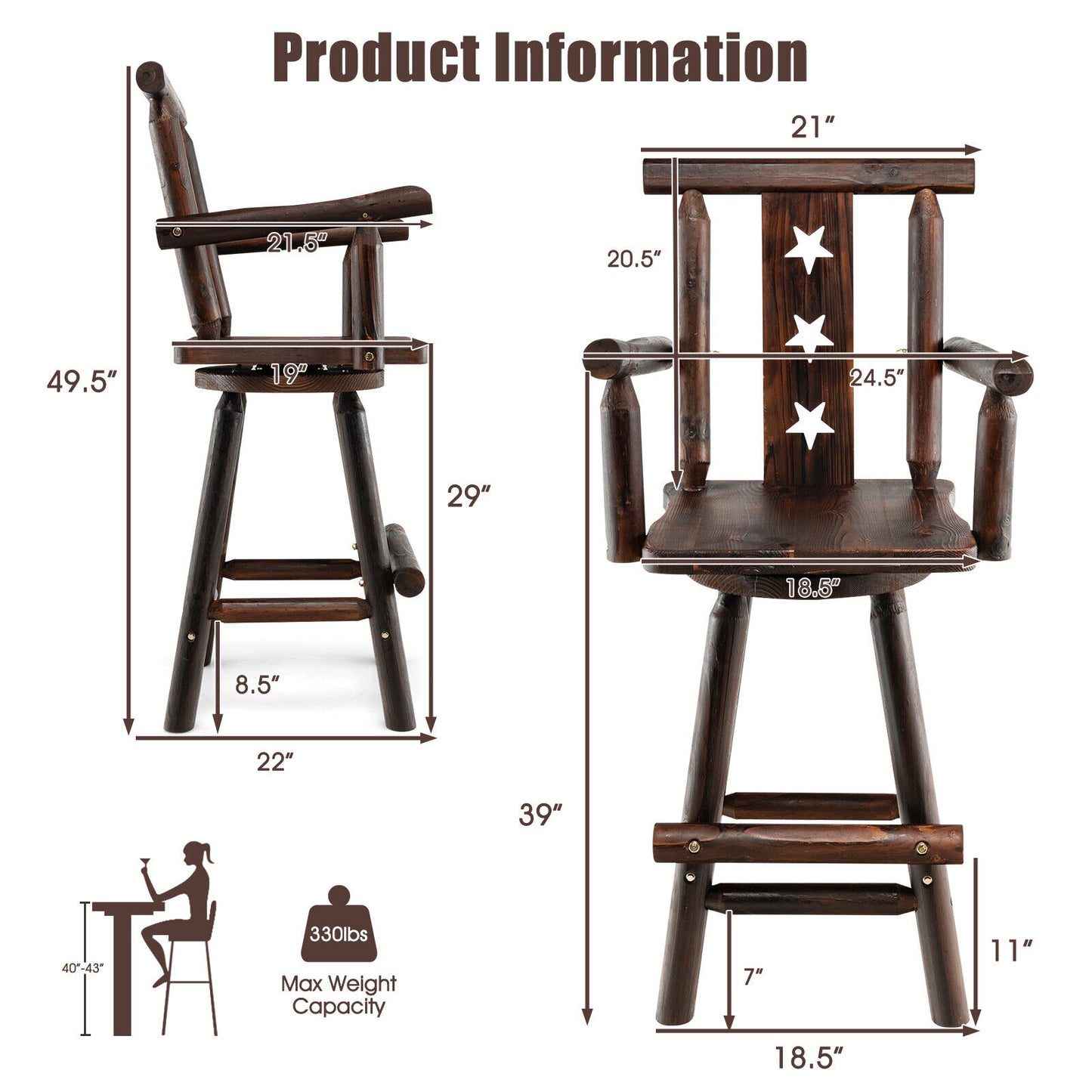 360° Swivel 29 Inch Wooden Bar Stool with Ergonomic Backrest Armrests and Footrest