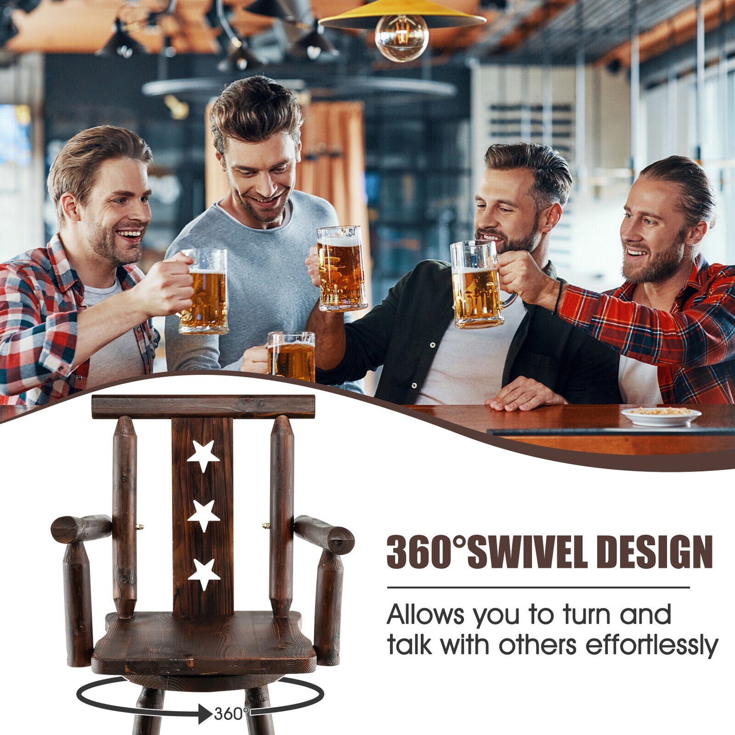 360° Swivel 29 Inch Wooden Bar Stool with Ergonomic Backrest Armrests and Footrest