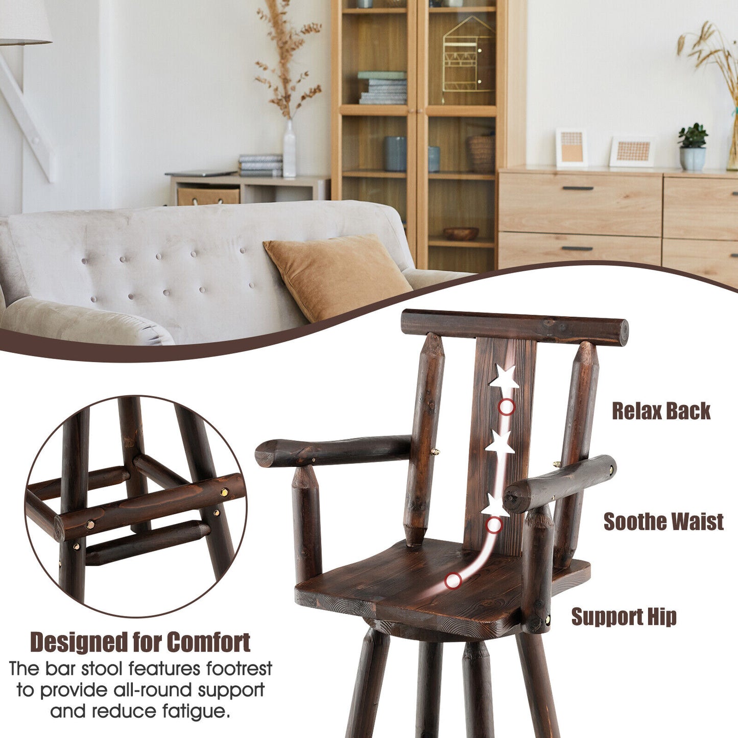 360° Swivel 29 Inch Wooden Bar Stool with Ergonomic Backrest Armrests and Footrest