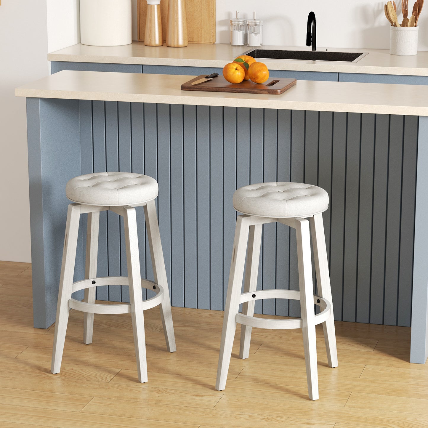 Swivel Upholstered Bar Chairs Set of 2 with Footrest and Solid Rubberwood Frame in White, 29 Inch