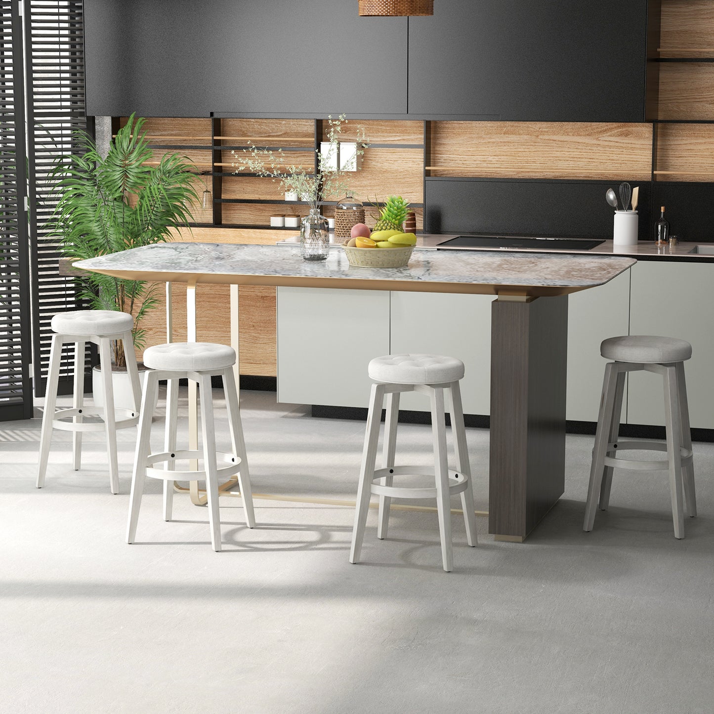 Swivel Upholstered Bar Chairs Set of 2 with Footrest and Solid Rubberwood Frame in White, 29 Inch