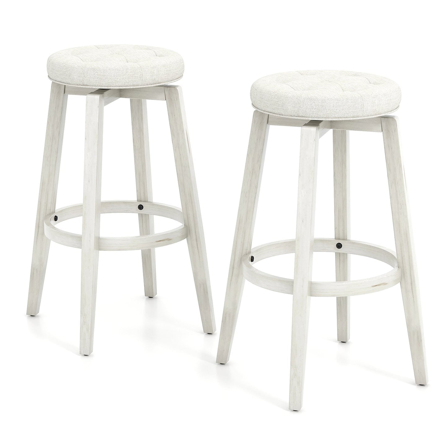 Swivel Upholstered Bar Chairs Set of 2 with Footrest and Solid Rubberwood Frame in White, 29 Inch