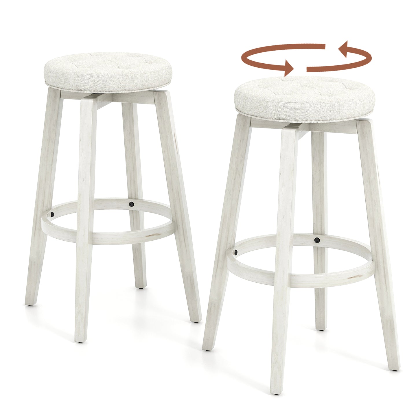 Swivel Upholstered Bar Chairs Set of 2 with Footrest and Solid Rubberwood Frame in White, 29 Inch