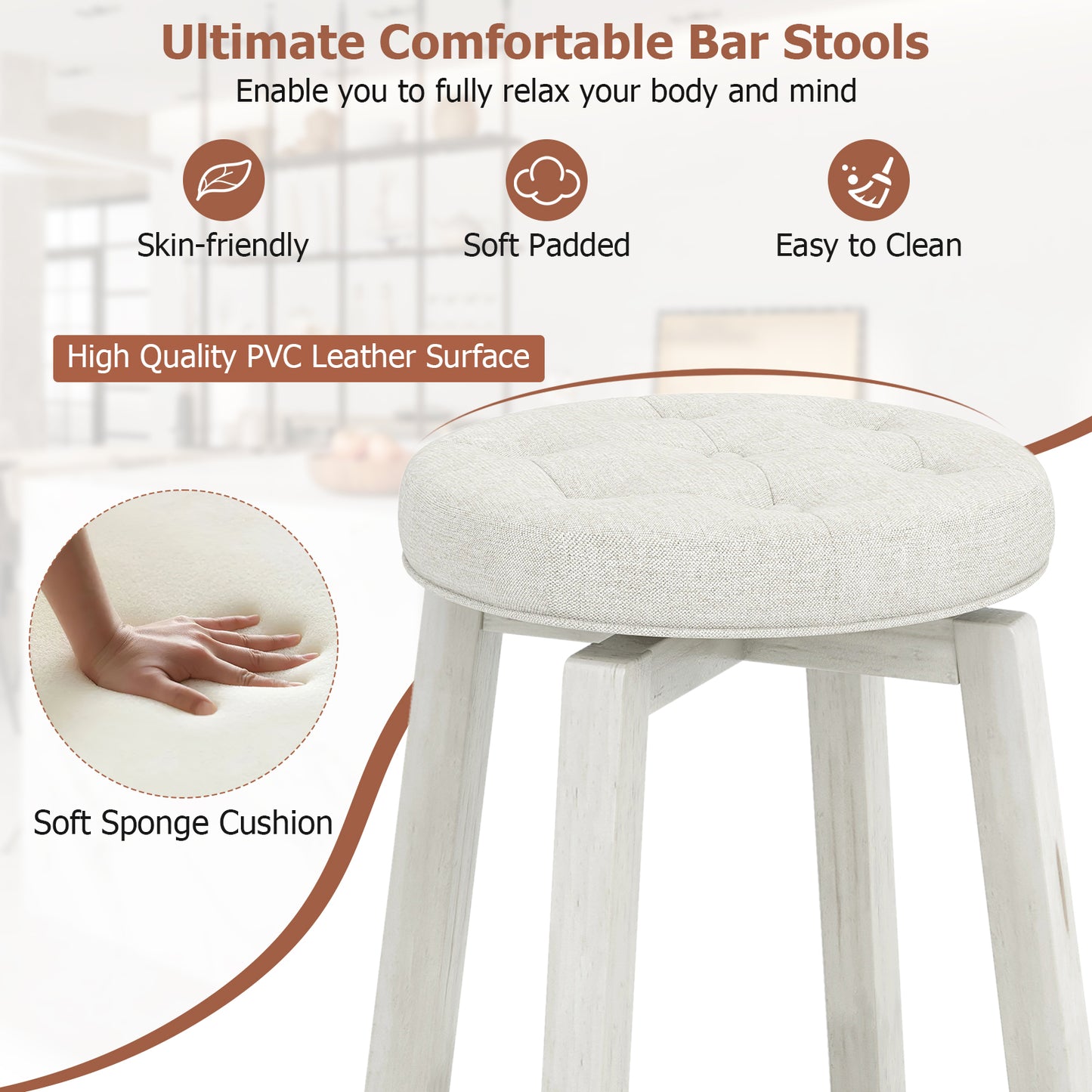 Swivel Upholstered Bar Chairs Set of 2 with Footrest and Solid Rubberwood Frame in White, 29 Inch