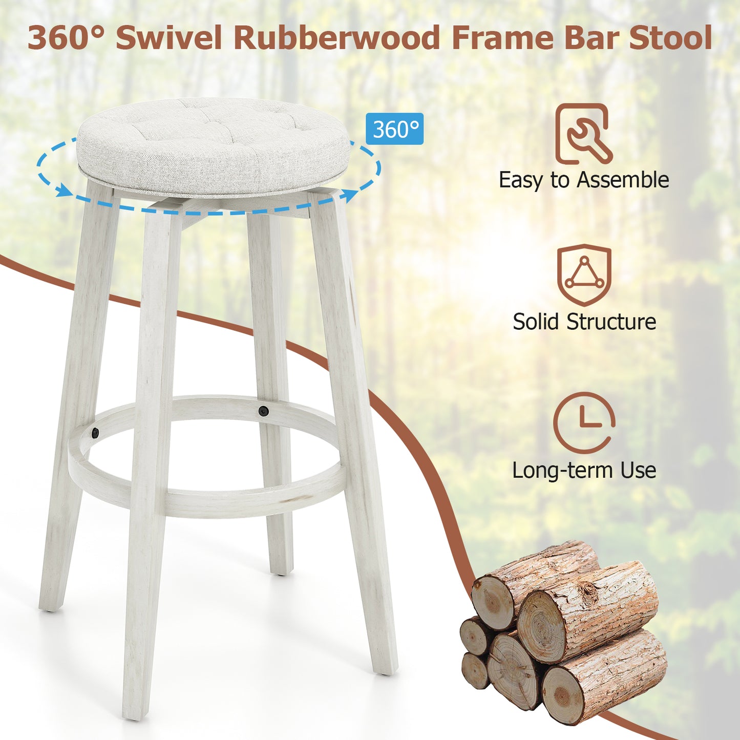Swivel Upholstered Bar Chairs Set of 2 with Footrest and Solid Rubberwood Frame in White, 29 Inch