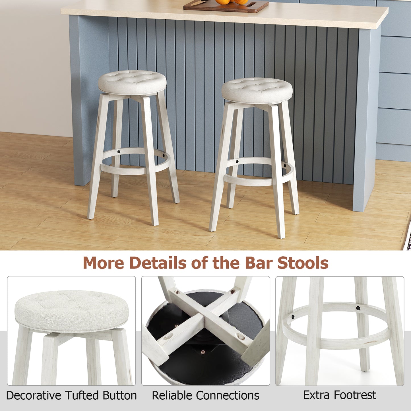 Swivel Upholstered Bar Chairs Set of 2 with Footrest and Solid Rubberwood Frame in White, 29 Inch