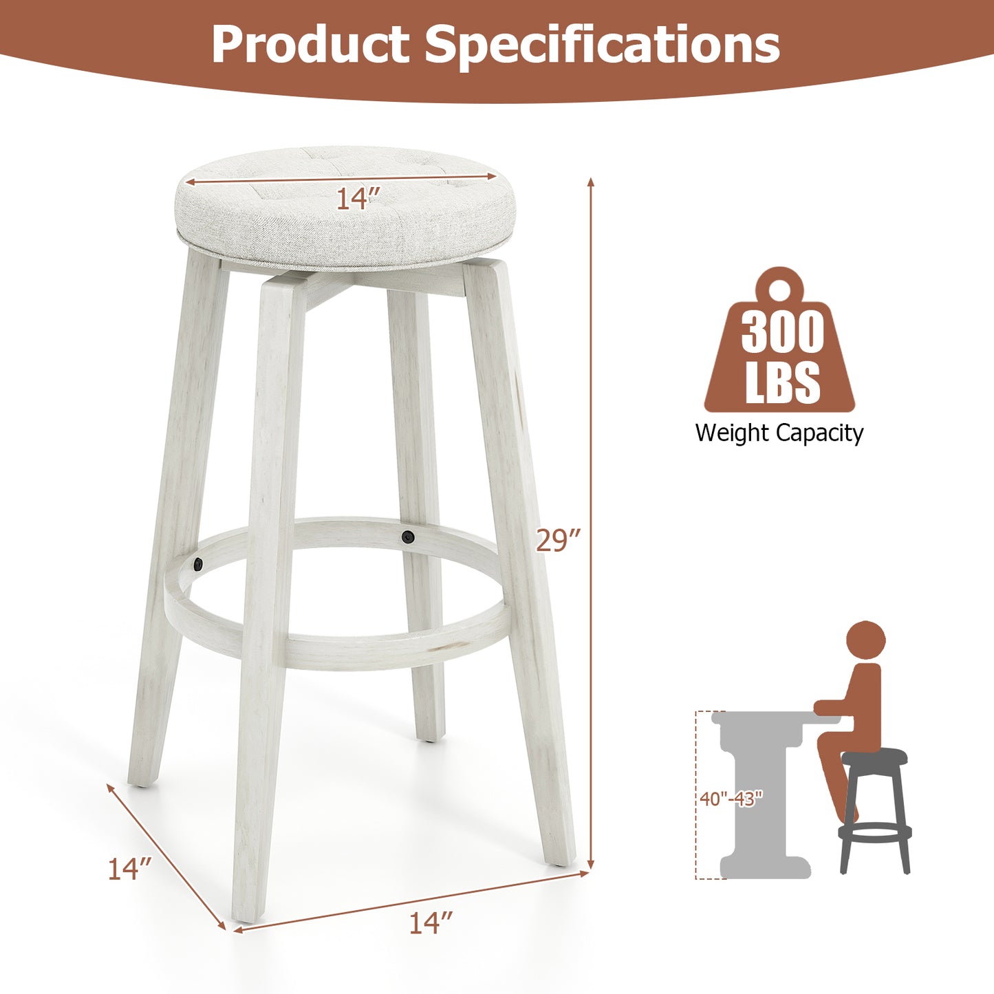 Swivel Upholstered Bar Chairs Set of 2 with Footrest and Solid Rubberwood Frame in White, 29 Inch