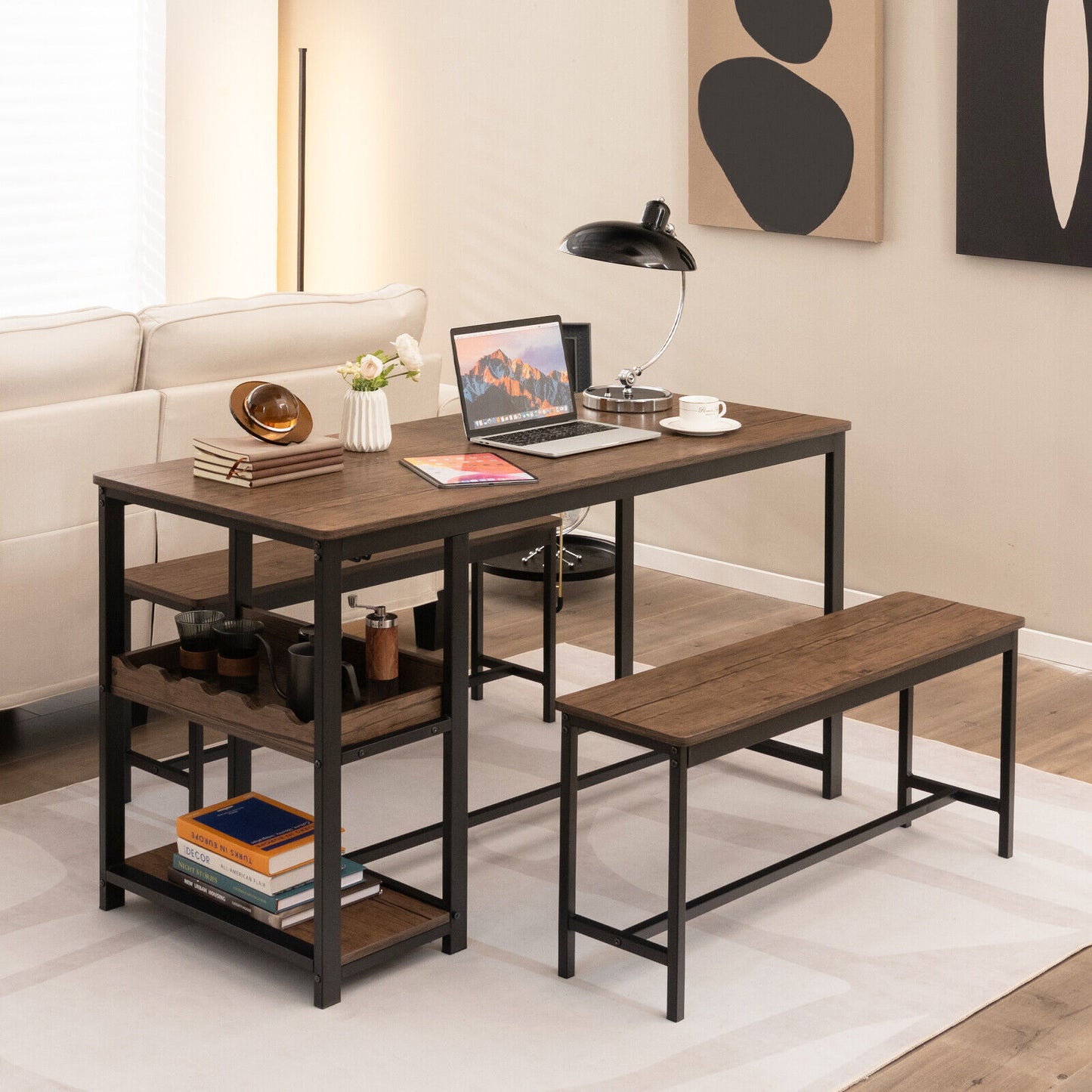Modern 3 Piece Dining Table Set with Storage Shelf Wine Rack and Two Benches for 4 People