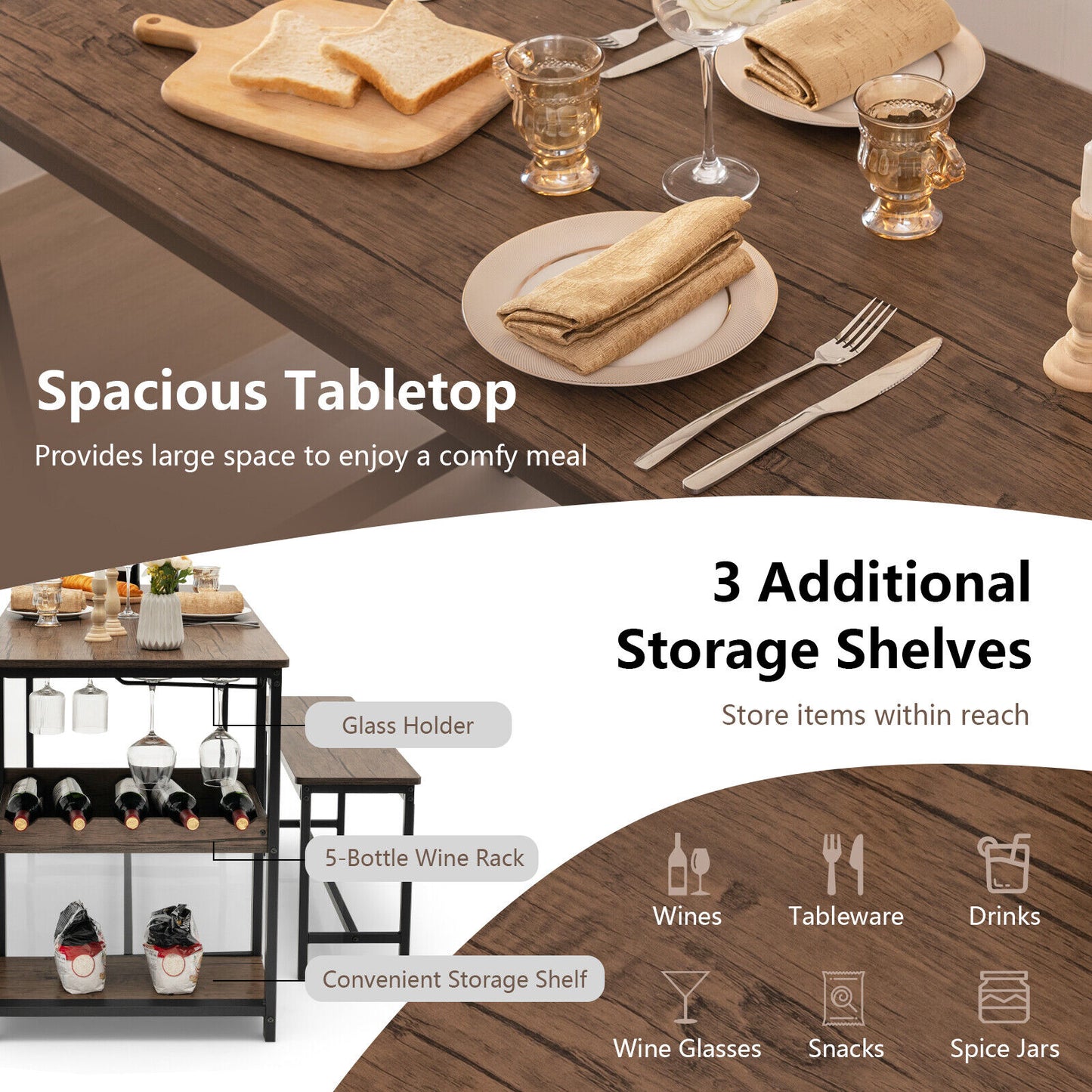 Modern 3 Piece Dining Table Set with Storage Shelf Wine Rack and Two Benches for 4 People