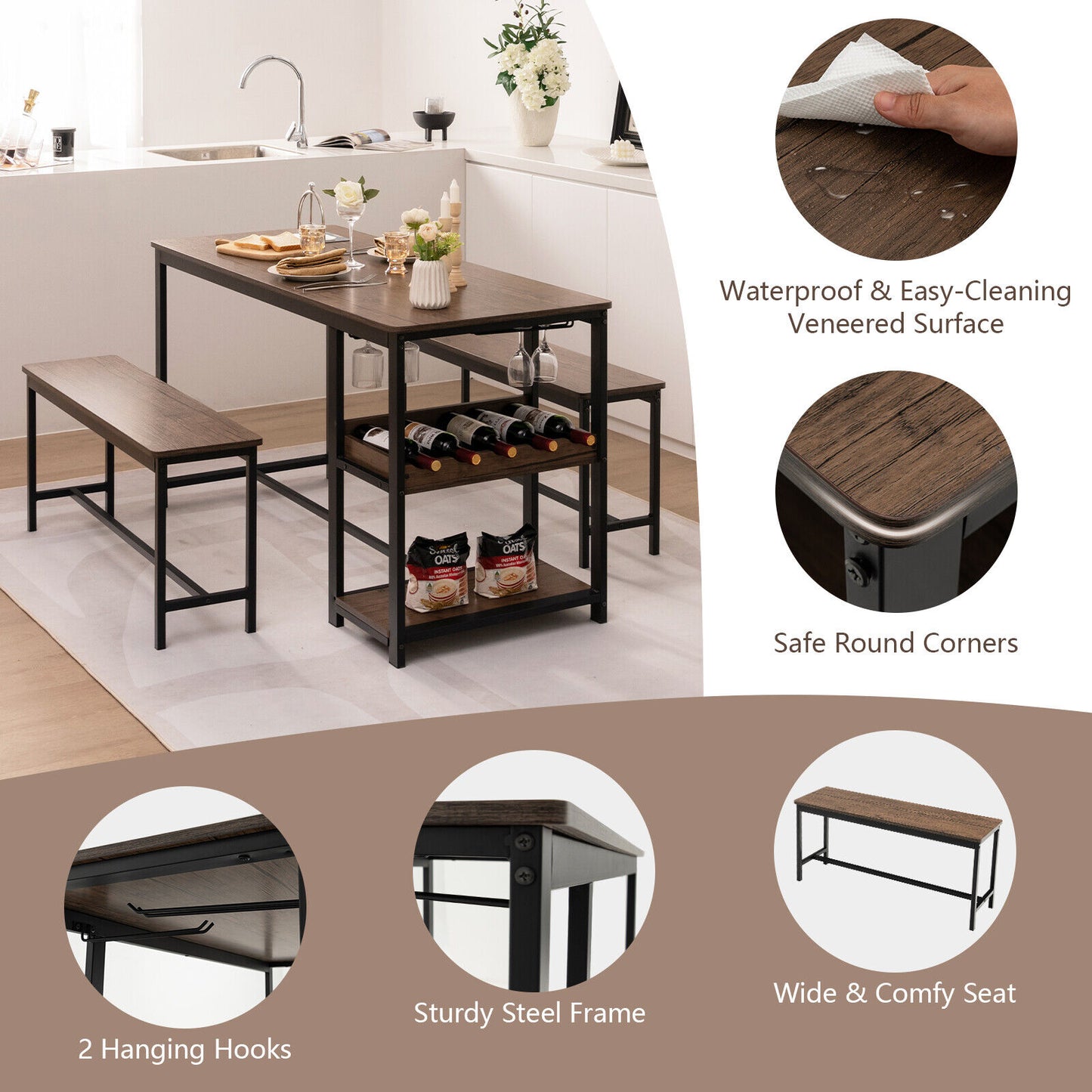 Modern 3 Piece Dining Table Set with Storage Shelf Wine Rack and Two Benches for 4 People