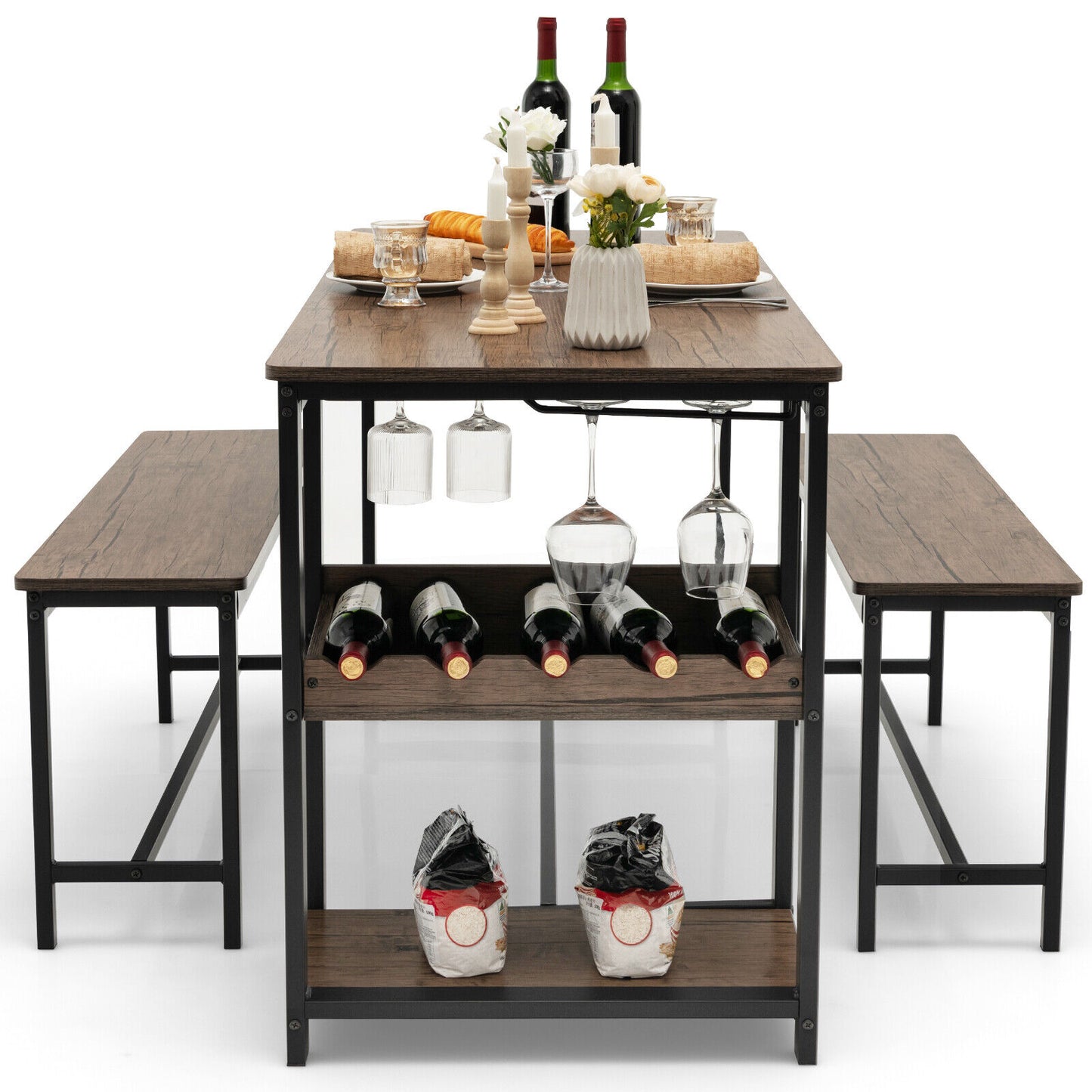 Modern 3 Piece Dining Table Set with Storage Shelf Wine Rack and Two Benches for 4 People