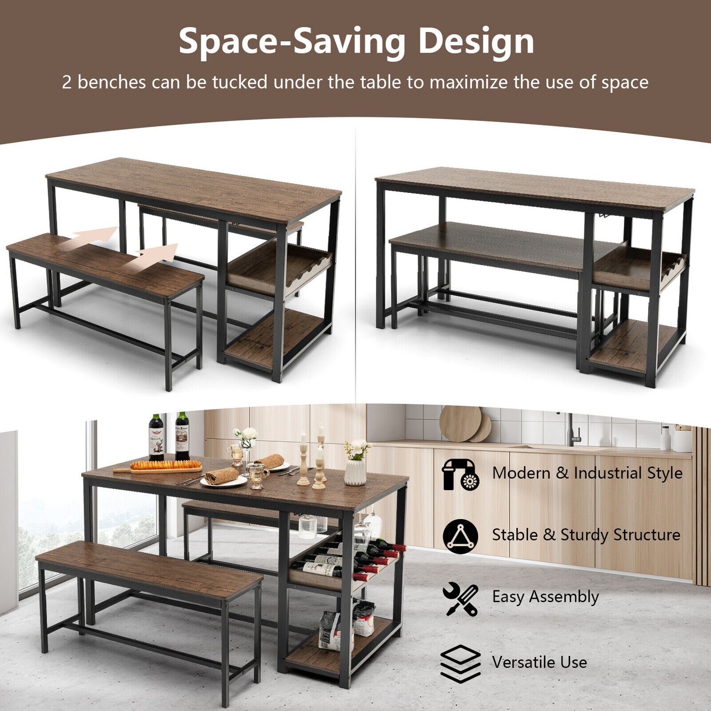 Modern 3 Piece Dining Table Set with Storage Shelf Wine Rack and Two Benches for 4 People