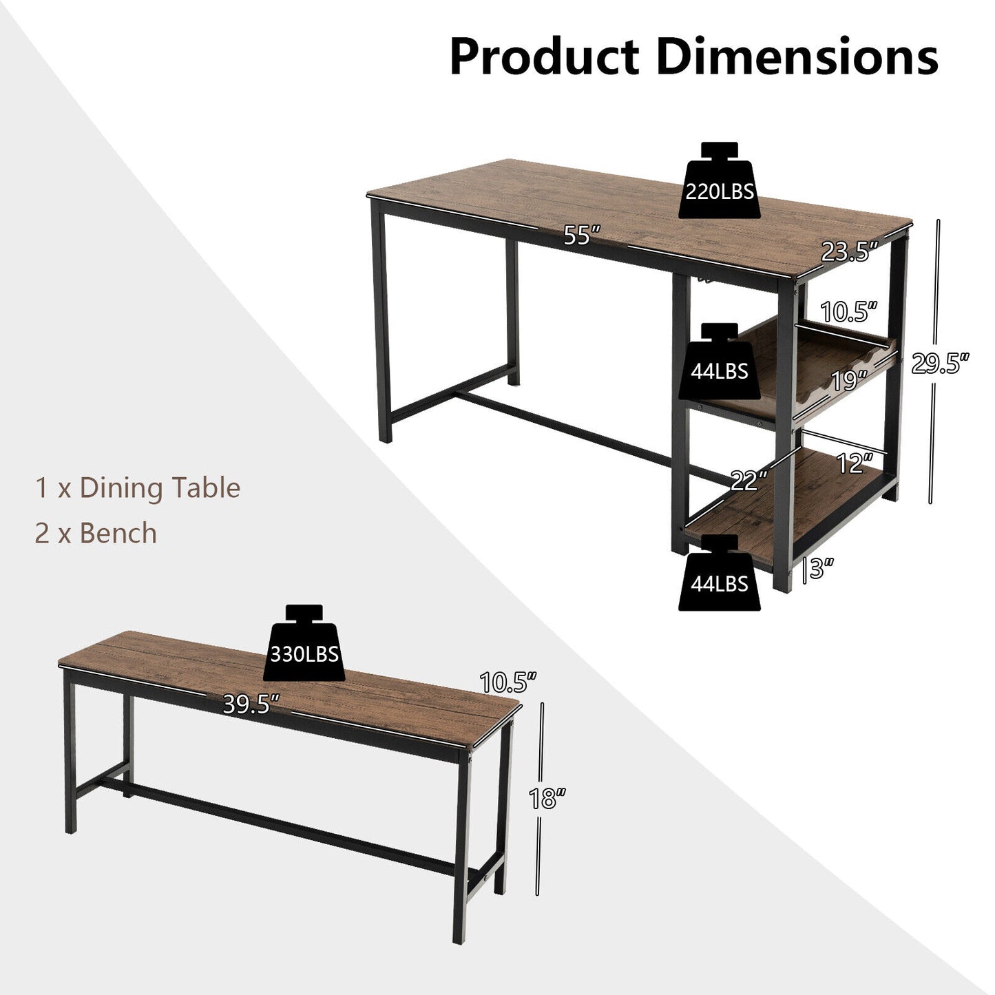 Modern 3 Piece Dining Table Set with Storage Shelf Wine Rack and Two Benches for 4 People