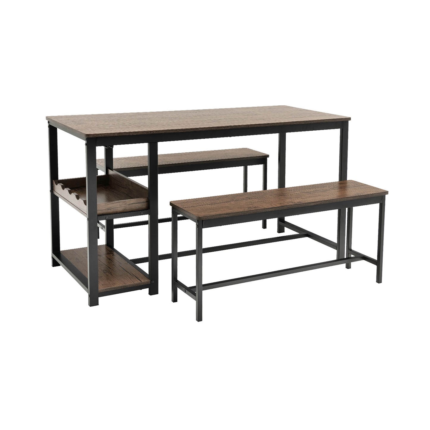 Modern 3 Piece Dining Table Set with Storage Shelf Wine Rack and Two Benches for 4 People