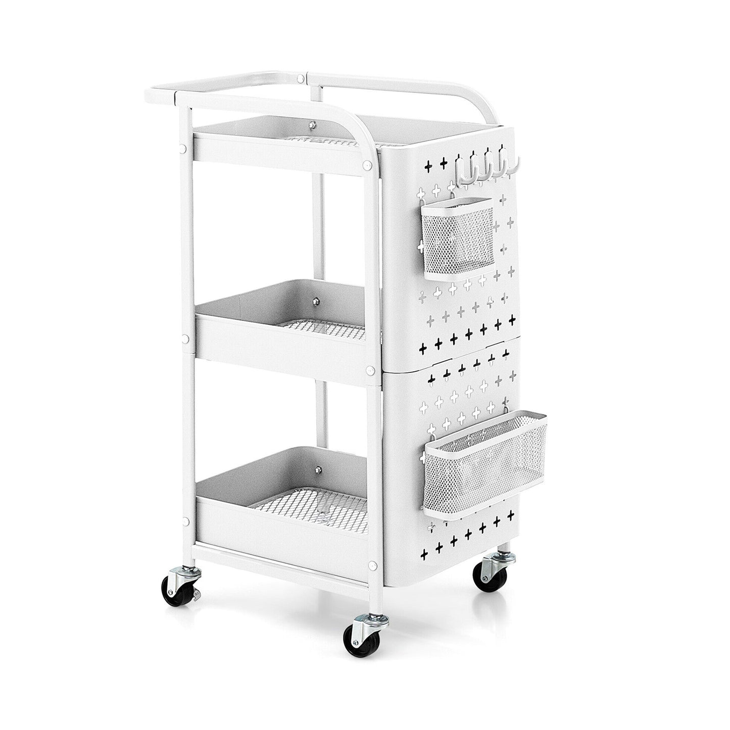 Rolling 3 Tier Utility Storage Cart with Pegboard Hooks Baskets and Handle - White