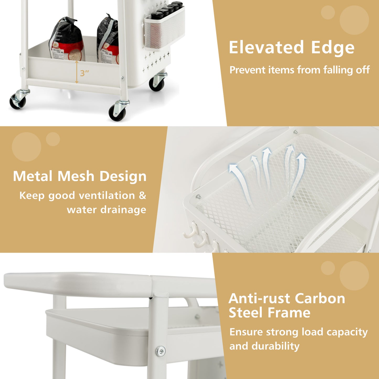 Rolling 3 Tier Utility Storage Cart with Pegboard Hooks Baskets and Handle - White