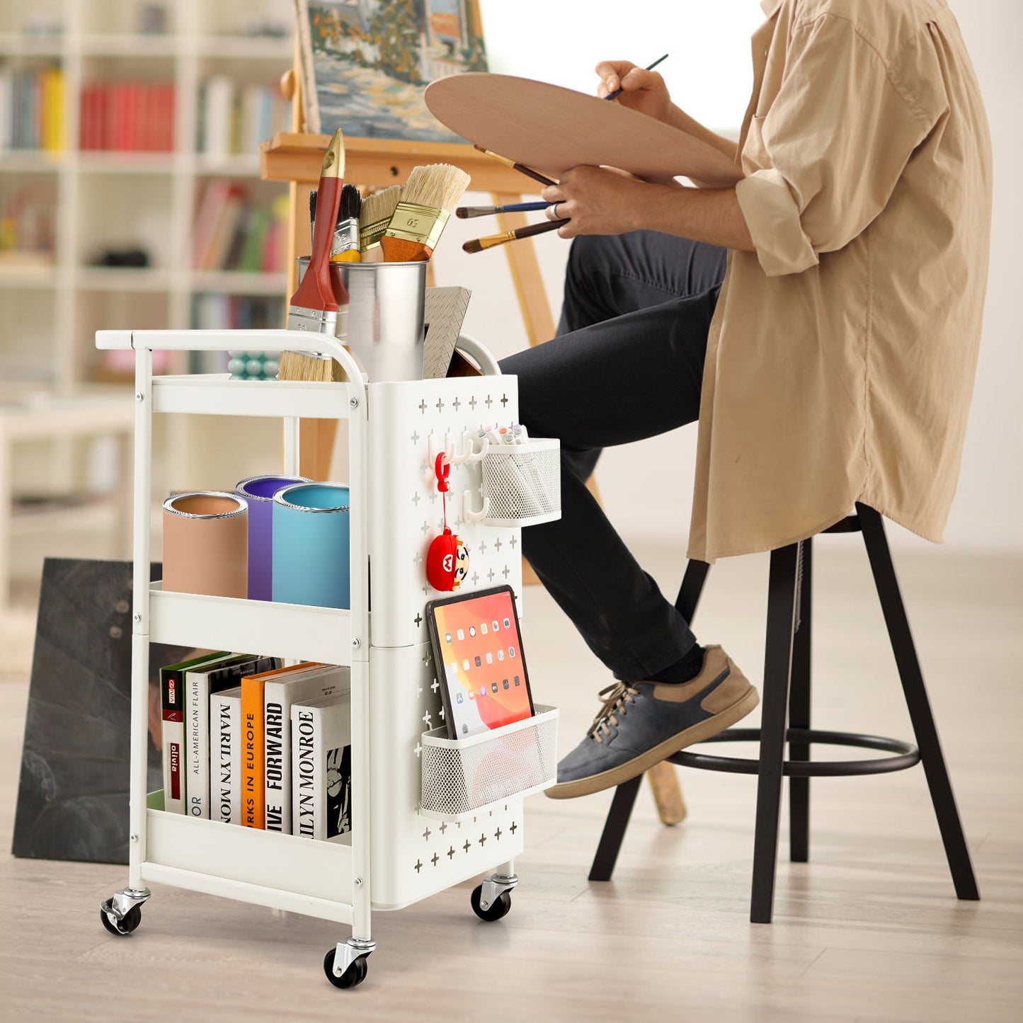 Rolling 3 Tier Utility Storage Cart with Pegboard Hooks Baskets and Handle - White