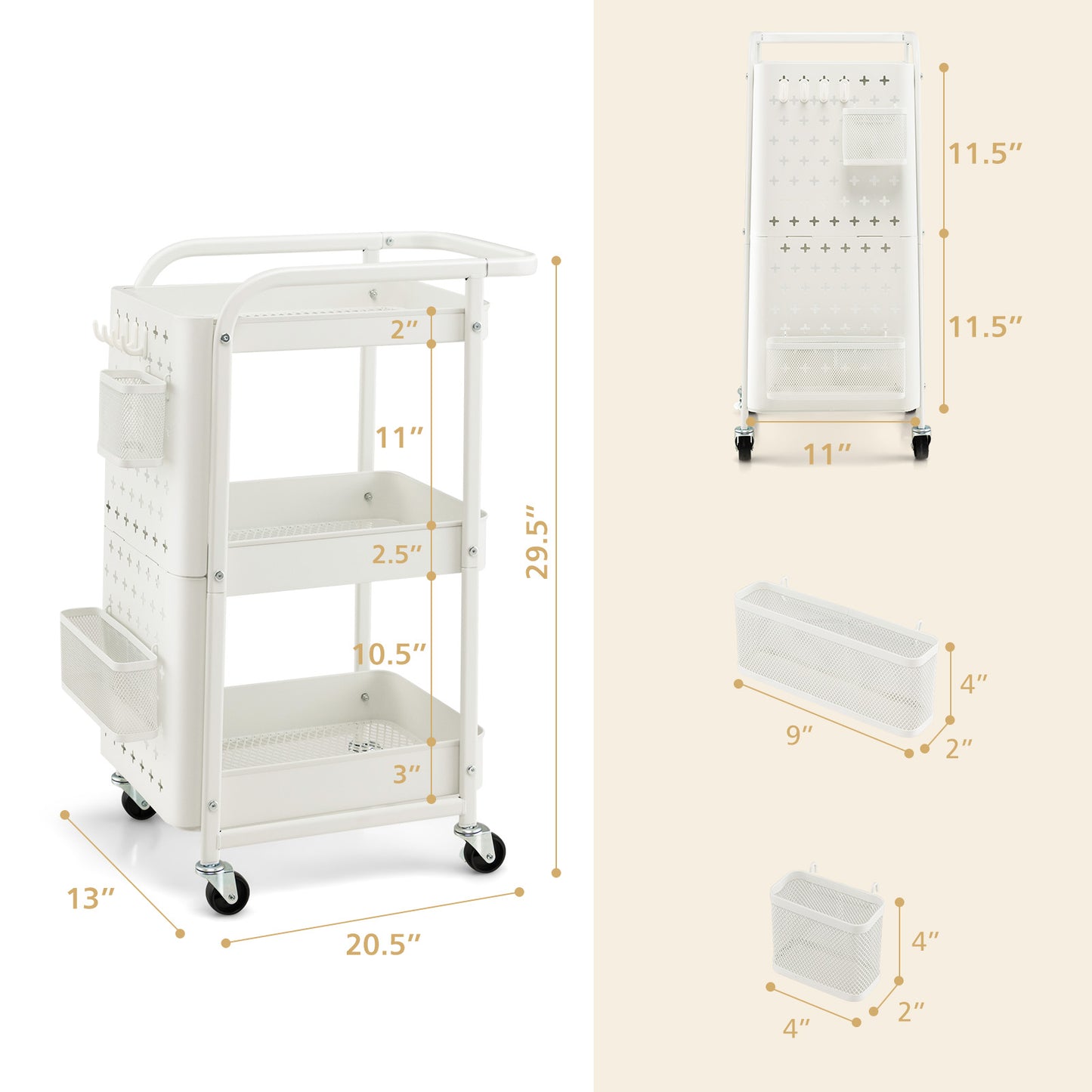 Rolling 3 Tier Utility Storage Cart with Pegboard Hooks Baskets and Handle - White