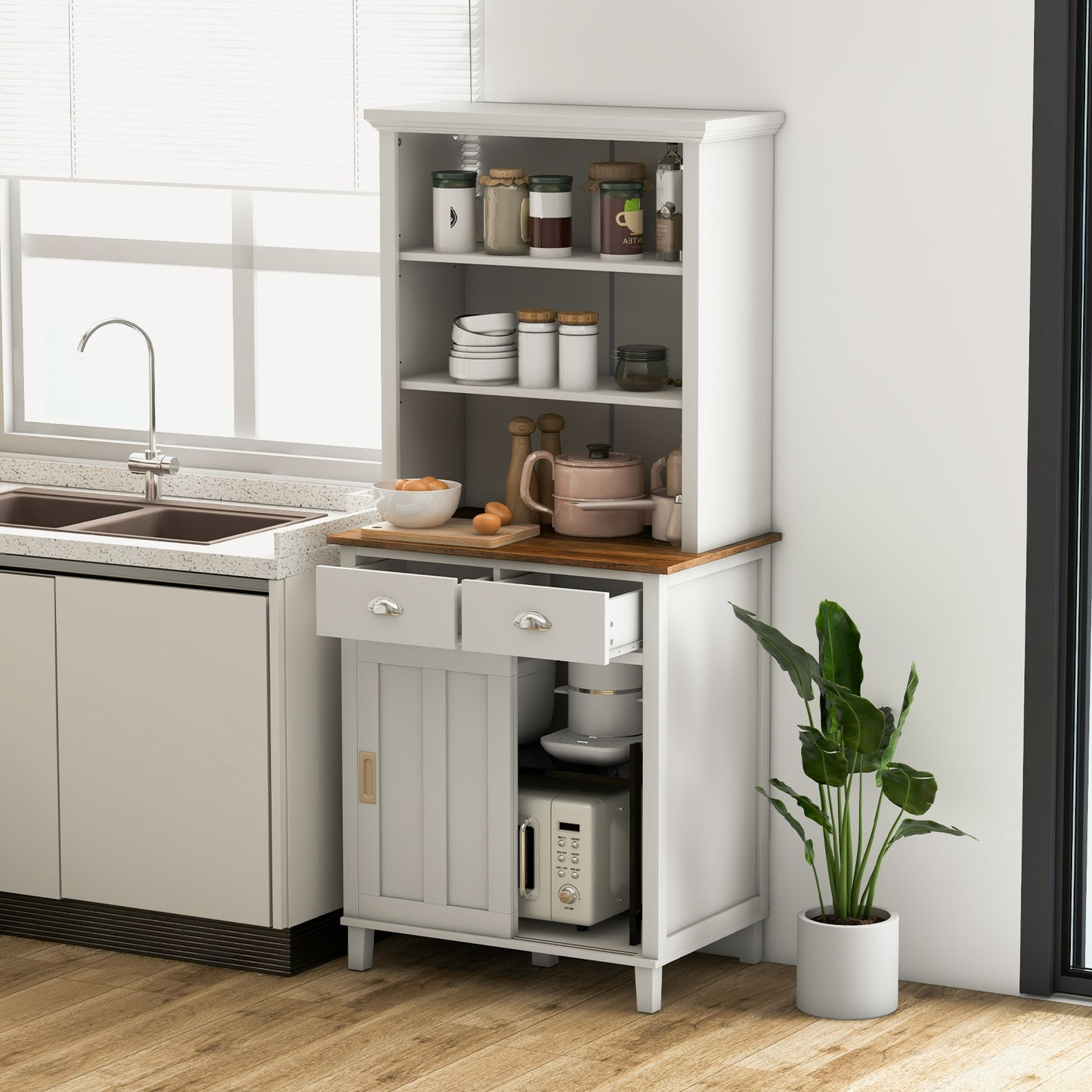 Modern Kitchen Pantry Cabinet with Hutch Storage Sliding Doors and Drawers