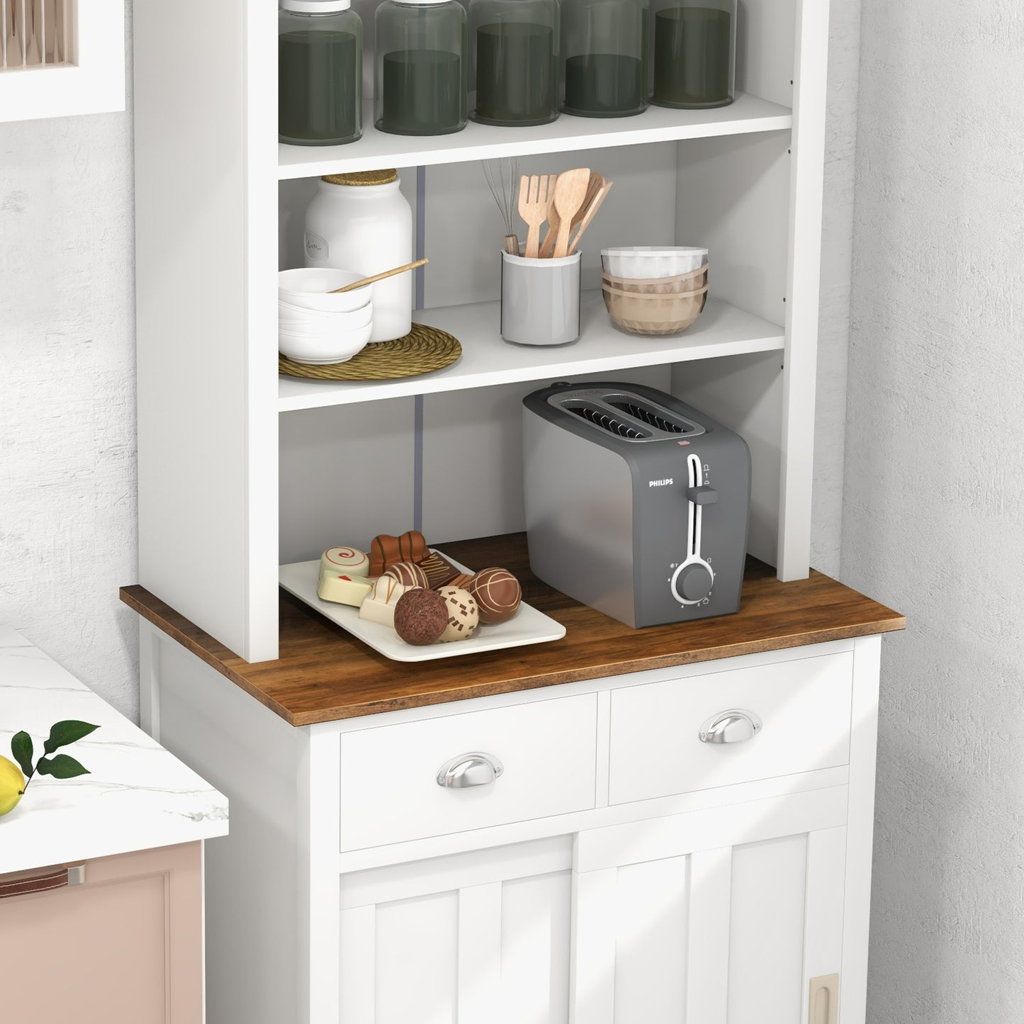 Modern Kitchen Pantry Cabinet with Hutch Storage Sliding Doors and Drawers