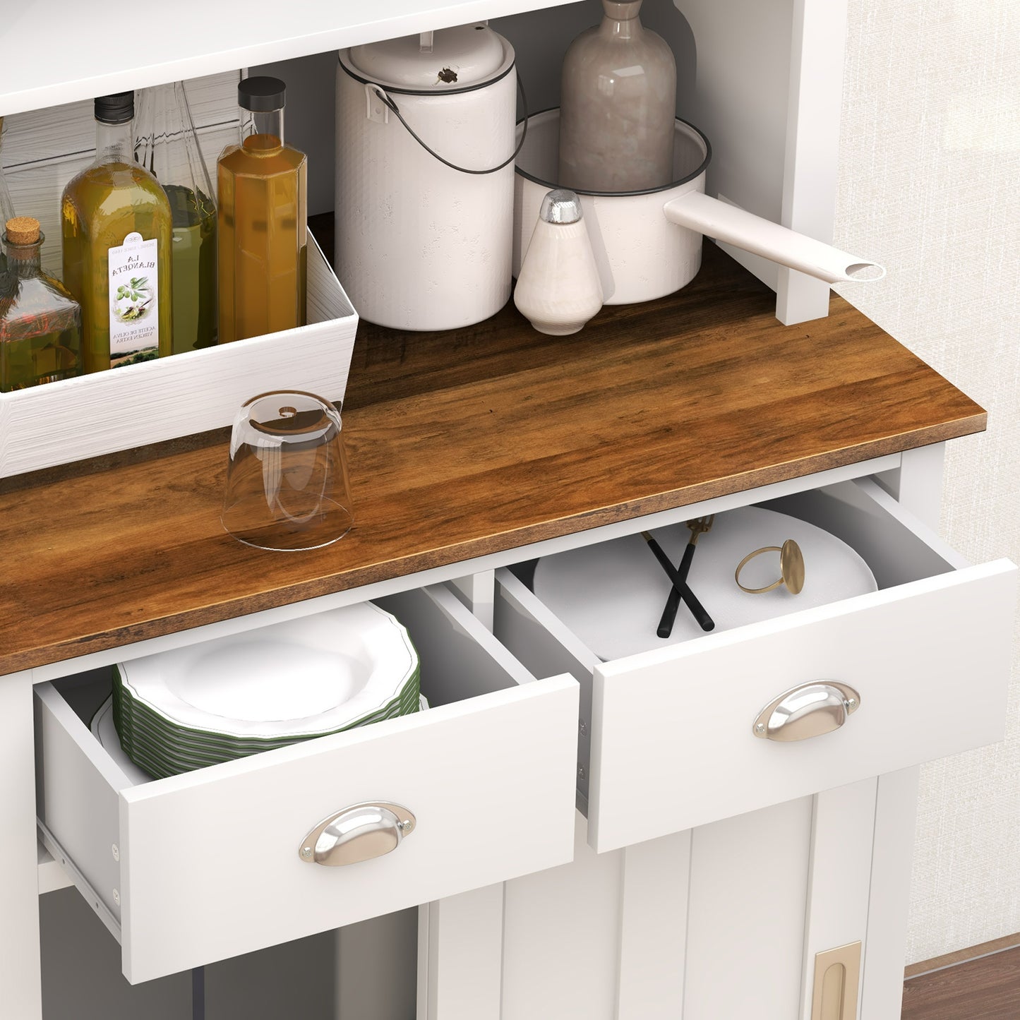 Modern Kitchen Pantry Cabinet with Hutch Storage Sliding Doors and Drawers
