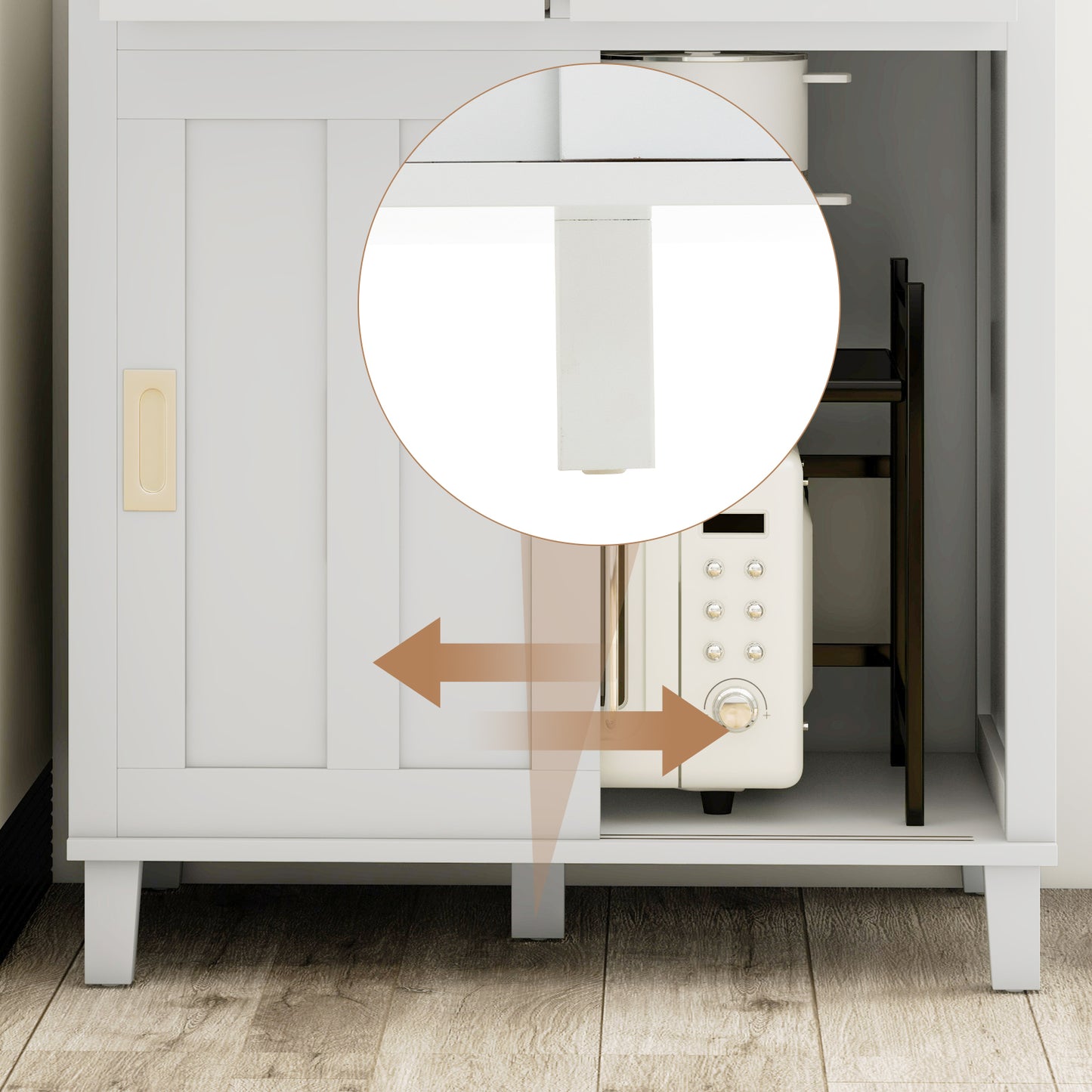 Modern Kitchen Pantry Cabinet with Hutch Storage Sliding Doors and Drawers