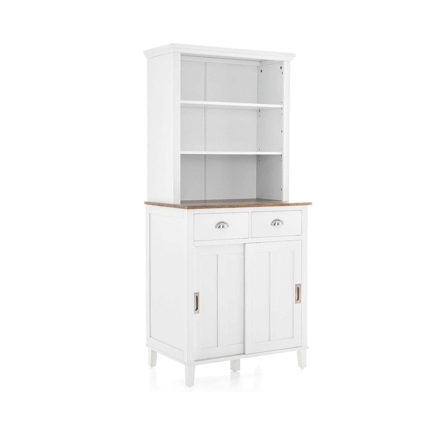 Modern Kitchen Pantry Cabinet with Hutch Storage Sliding Doors and Drawers