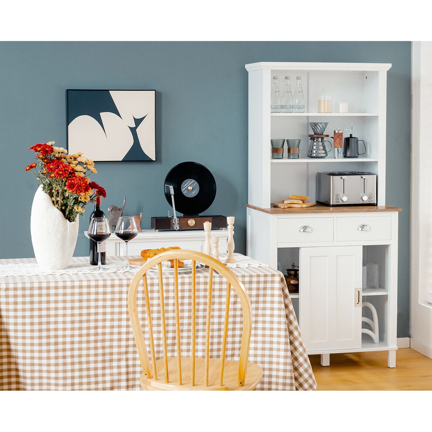 Modern Kitchen Pantry Cabinet with Hutch Storage Sliding Doors and Drawers