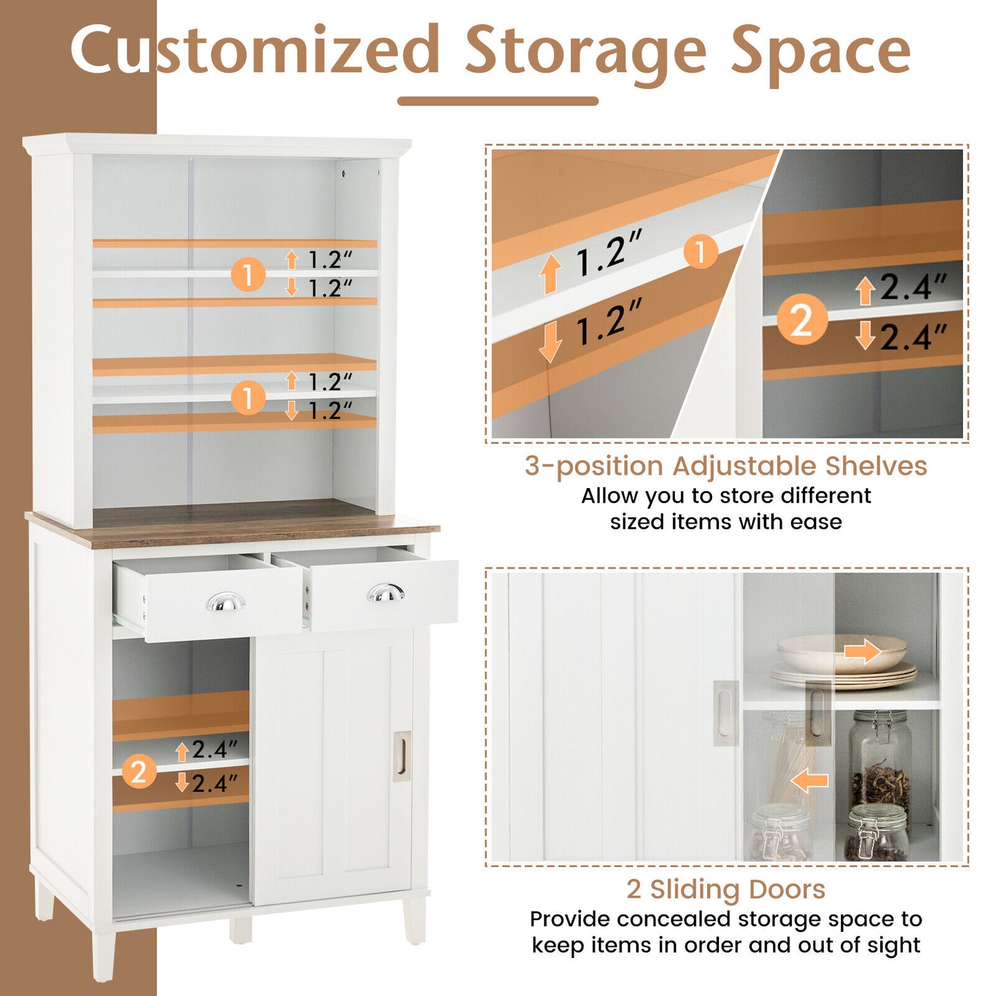 Modern Kitchen Pantry Cabinet with Hutch Storage Sliding Doors and Drawers