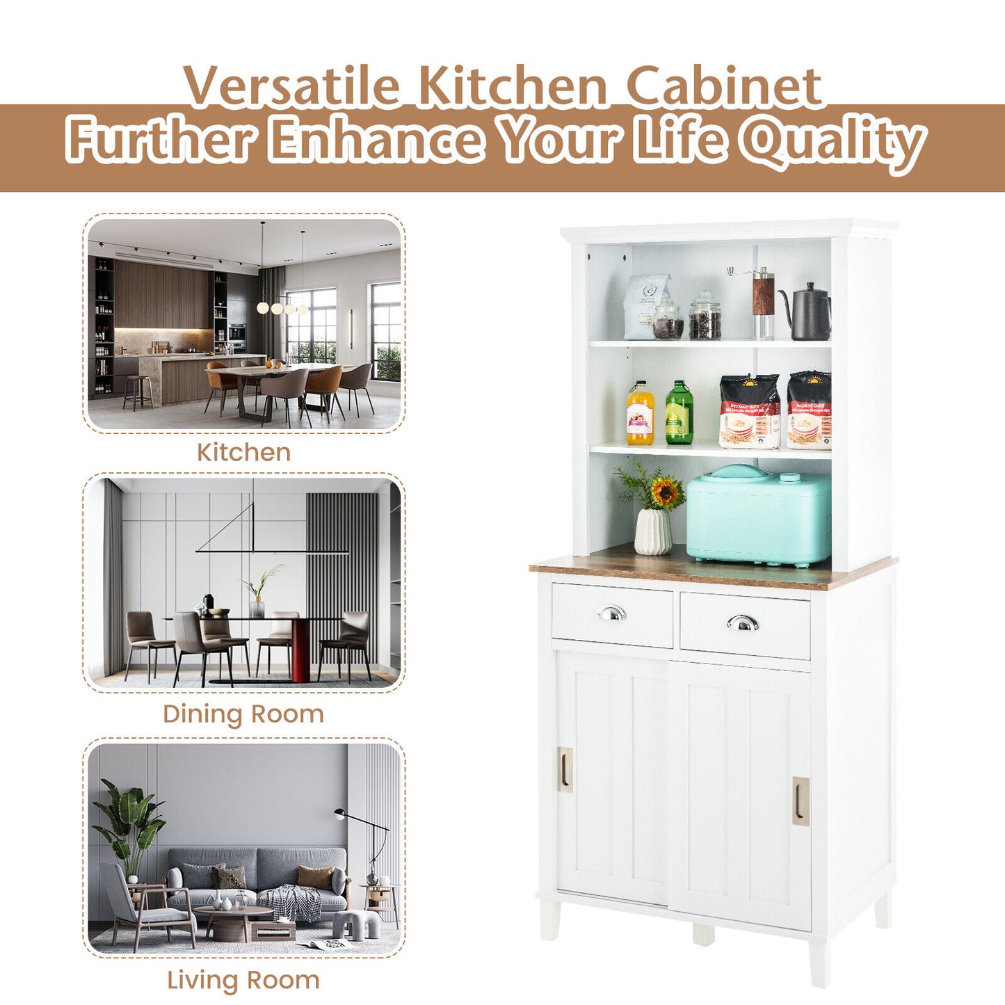 Modern Kitchen Pantry Cabinet with Hutch Storage Sliding Doors and Drawers