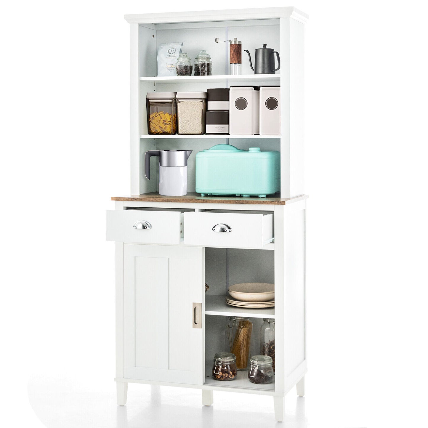 Modern Kitchen Pantry Cabinet with Hutch Storage Sliding Doors and Drawers