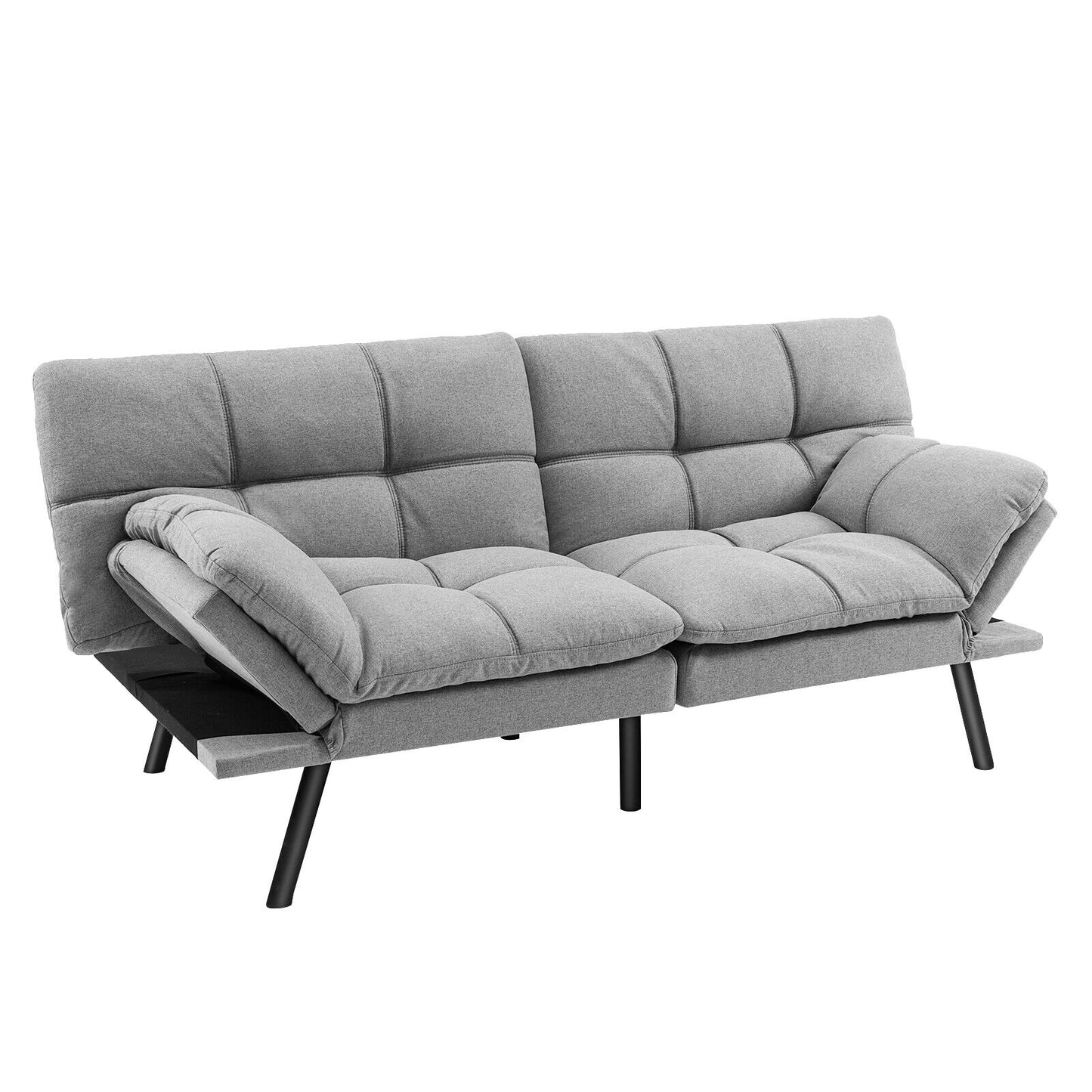 Convertible Memory Foam Futon Sofa Bed with Adjustable Armrests, Grey Upholstery