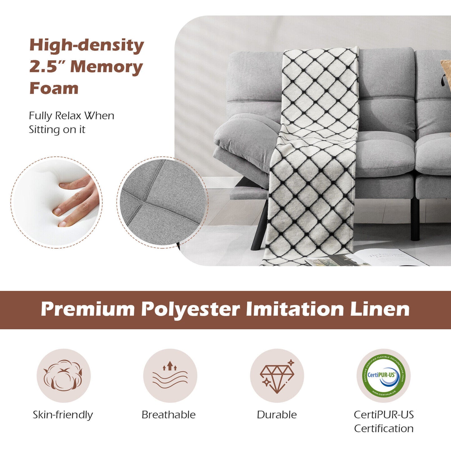 Convertible Memory Foam Futon Sofa Bed with Adjustable Armrests, Grey Upholstery