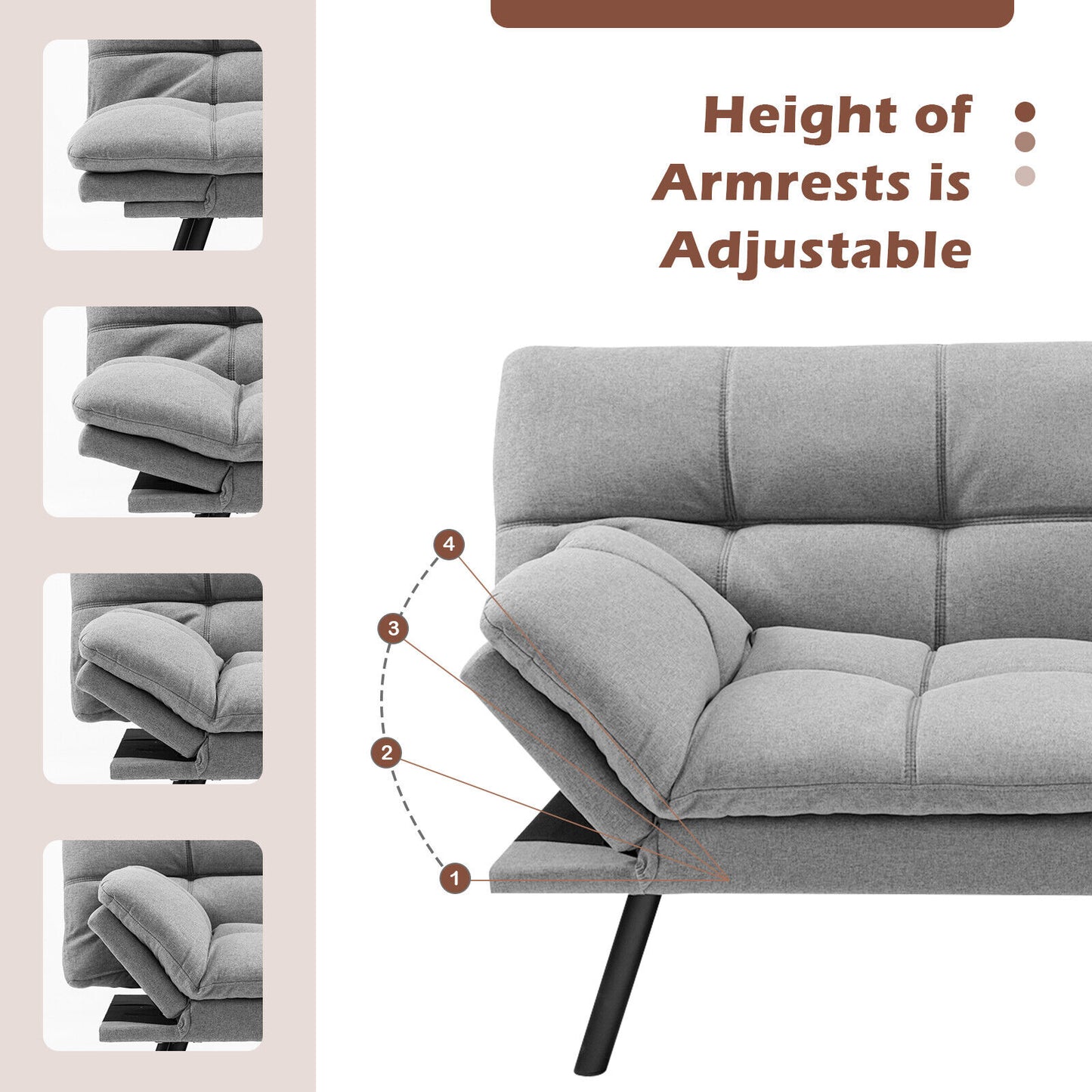 Convertible Memory Foam Futon Sofa Bed with Adjustable Armrests, Grey Upholstery