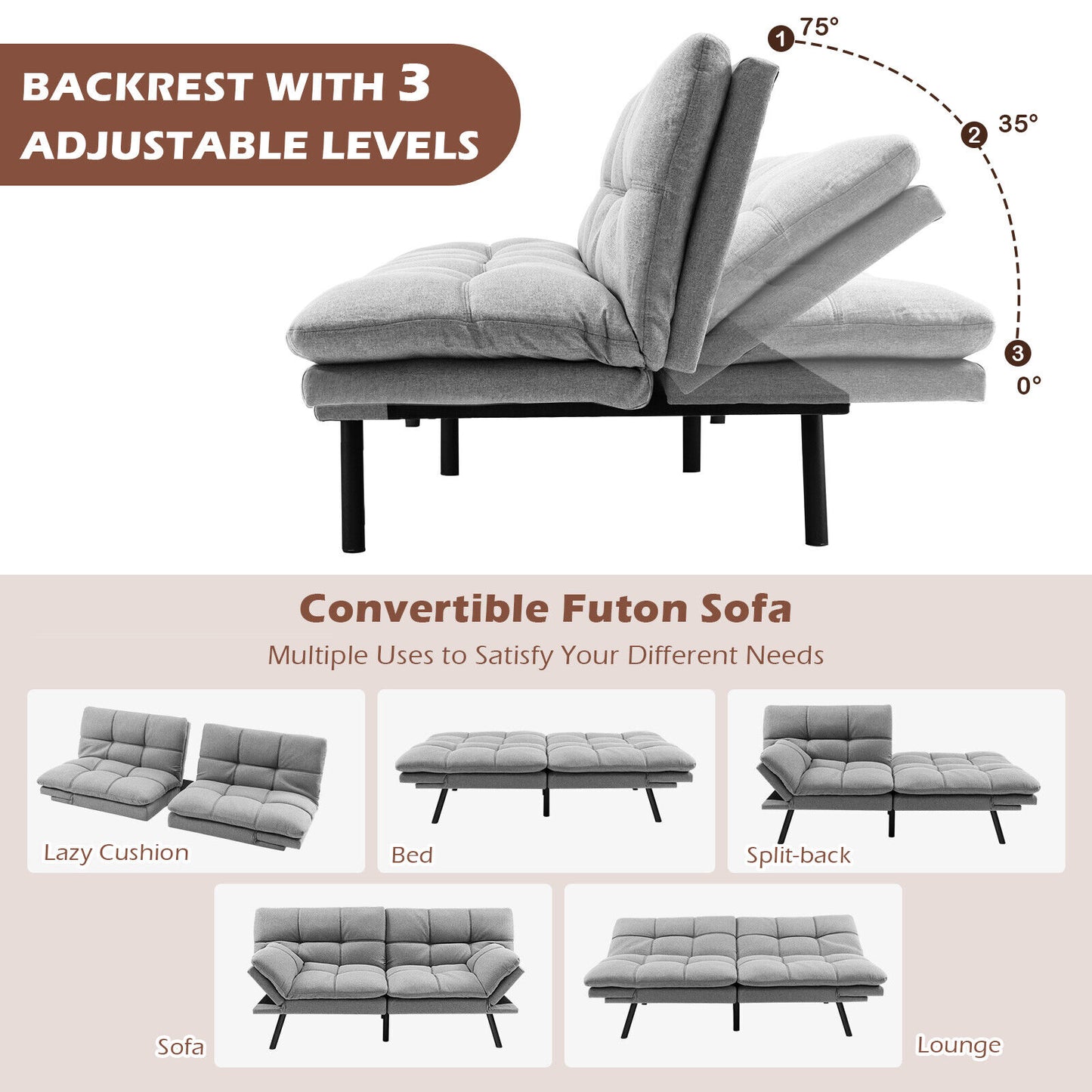 Convertible Memory Foam Futon Sofa Bed with Adjustable Armrests, Grey Upholstery