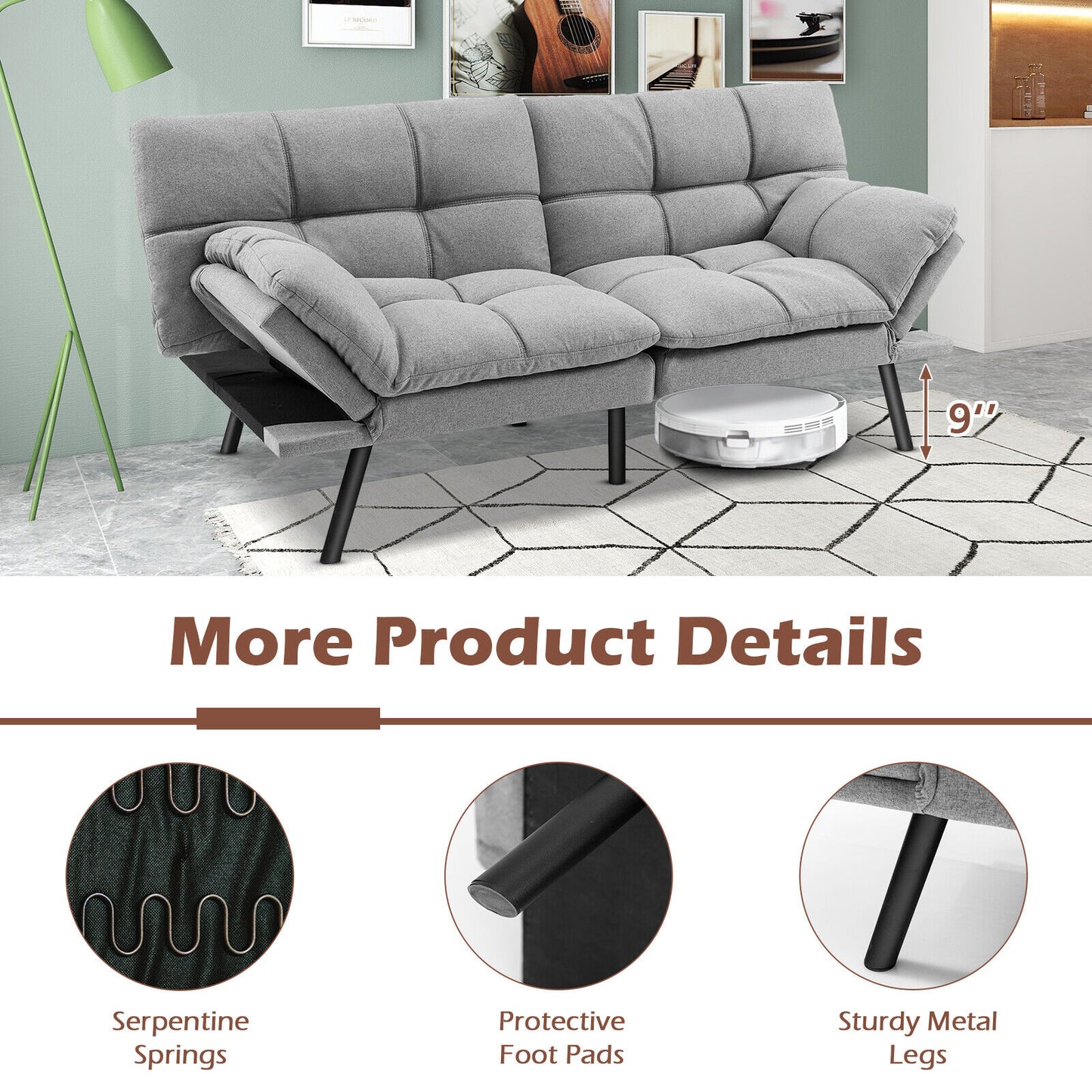 Convertible Memory Foam Futon Sofa Bed with Adjustable Armrests, Grey Upholstery