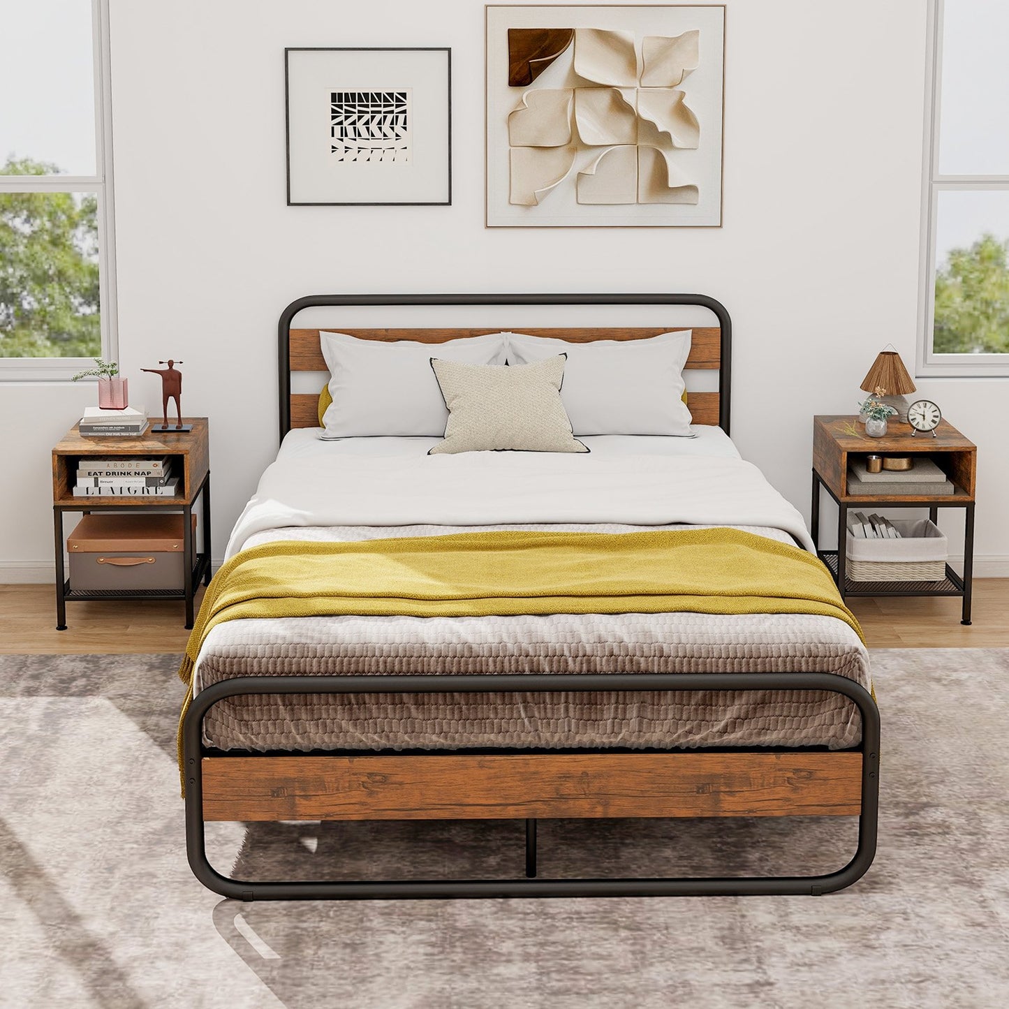 Set of 2 Industrial Nightstands with Mesh Shelf and Storage Tabletop