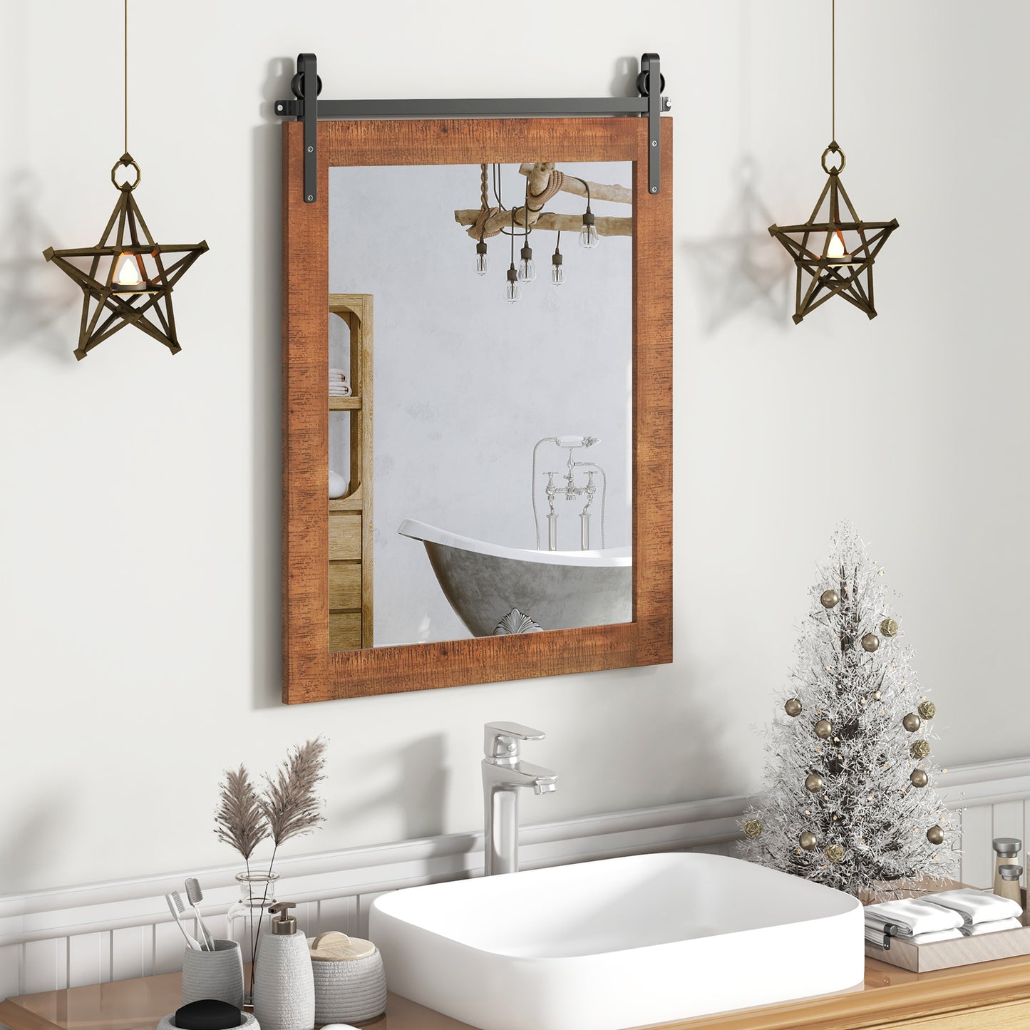 30 x 22 Inch Rustic Wall-Mounted Mirror with Solid Wood Frame and Metal Bracket - Brown