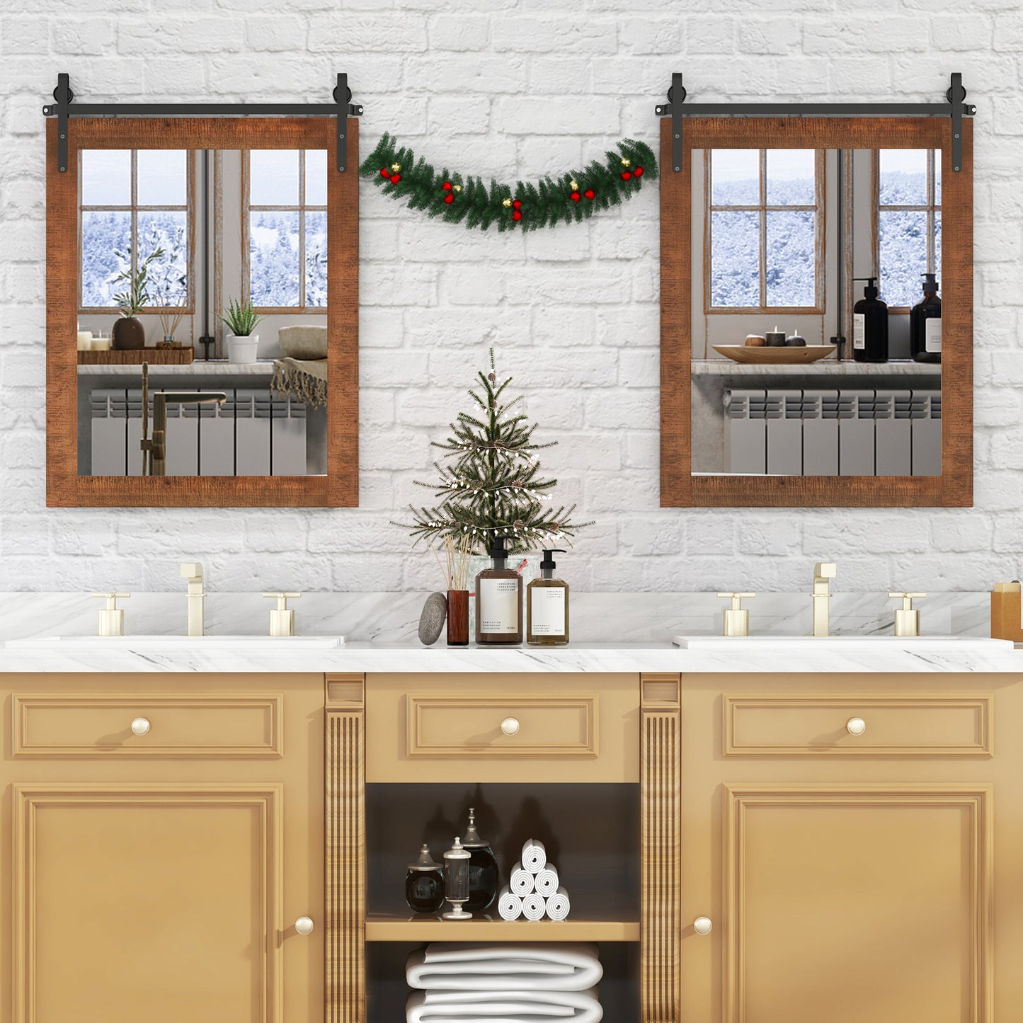 30 x 22 Inch Rustic Wall-Mounted Mirror with Solid Wood Frame and Metal Bracket - Brown