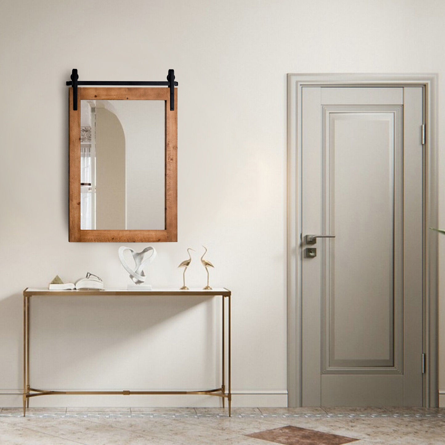 30 x 22 Inch Rustic Wall-Mounted Mirror with Solid Wood Frame and Metal Bracket - Brown